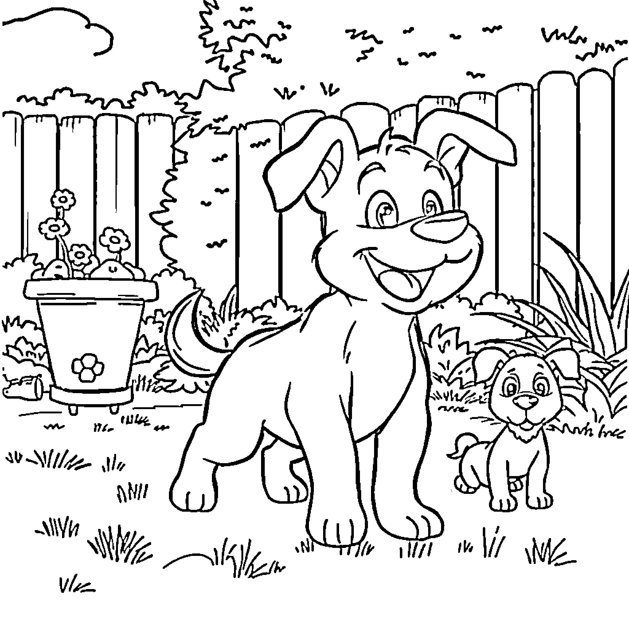 Bluey and friends explore the backyard Coloring Page (free black-and-white line drawing printable PDF for all, from beginners to advanced learners, including children, teens, adults, and seniors)