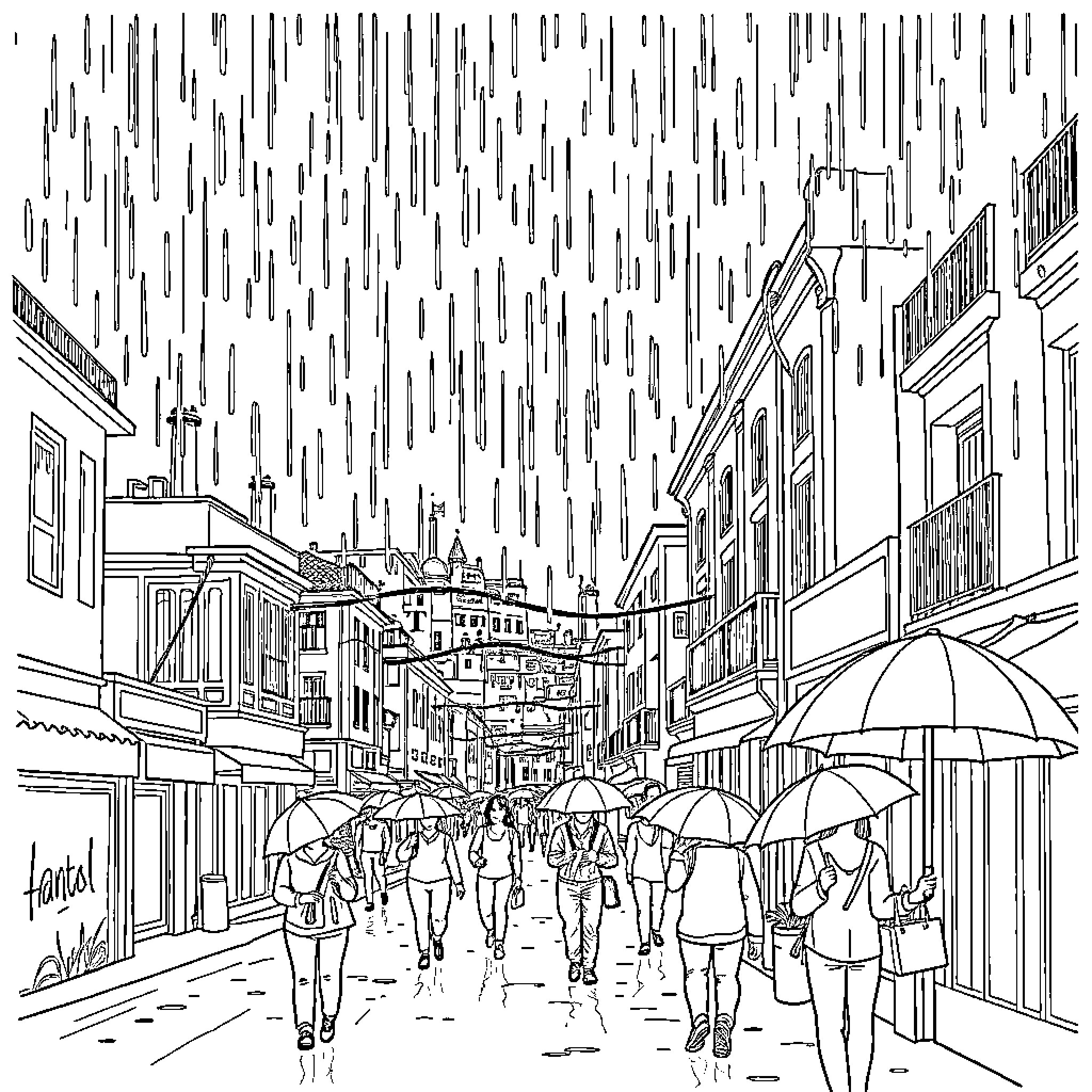 Istanbul Street Scene in the Rain Coloring Page (free black-and-white line drawing printable PDF for all, from beginners to advanced learners, including children, teens, adults, and seniors)