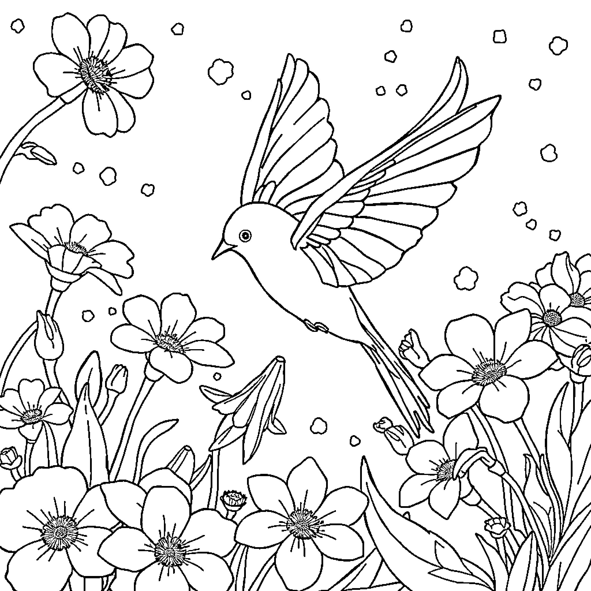 Hummingbird dancing among blooming flowers Coloring Page (free black-and-white line drawing printable PDF for all, from beginners to advanced learners, including children, teens, adults, and seniors)