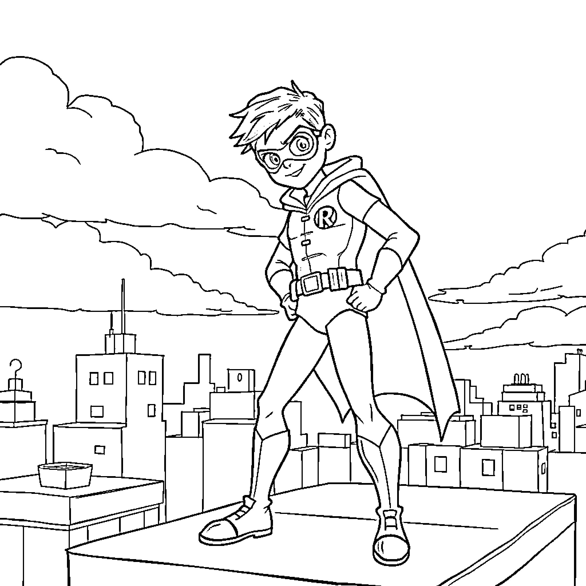 Robin, the young superhero, surveying the city Coloring Page (free black-and-white line drawing printable PDF for all, from beginners to advanced learners, including children, teens, adults, and seniors)