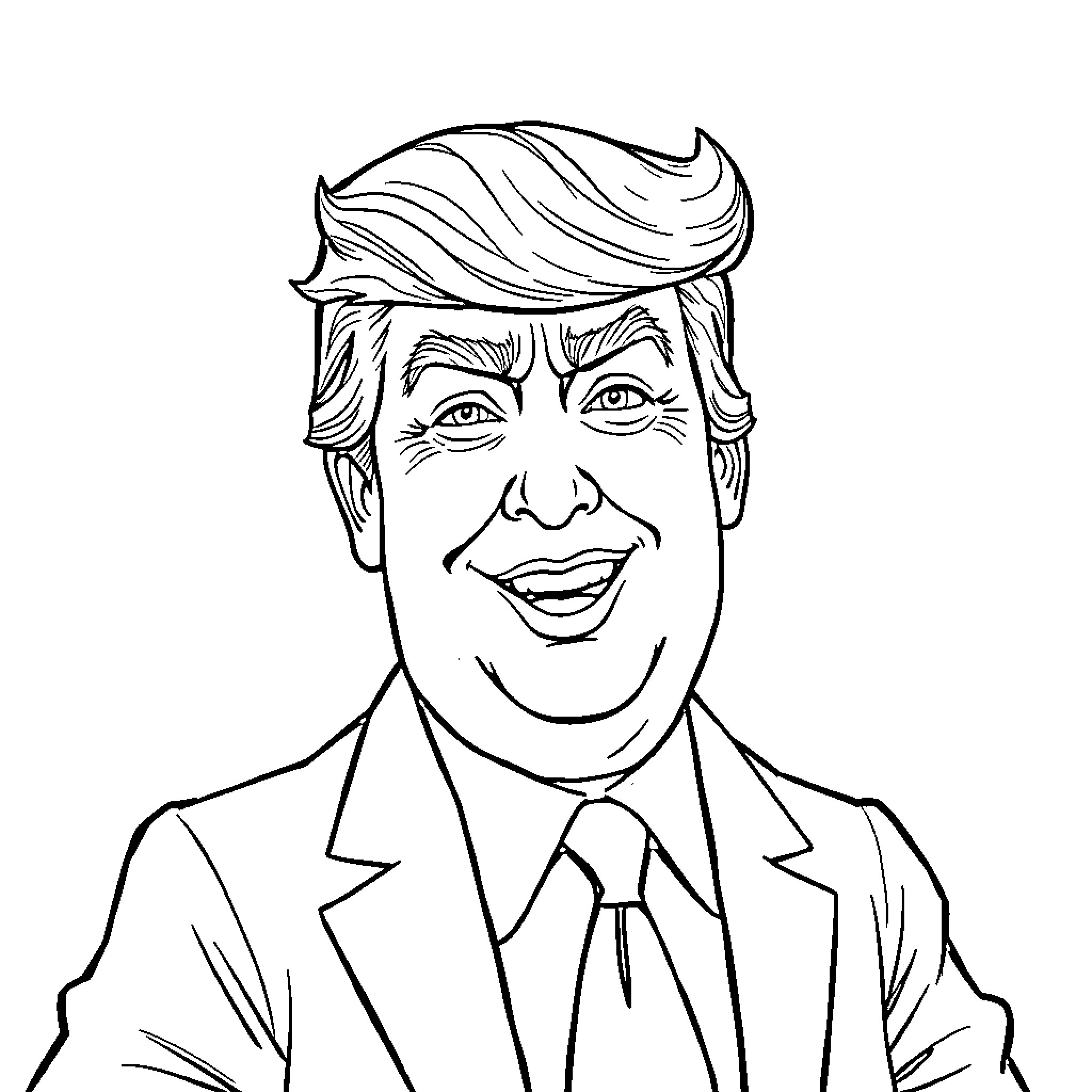 Donald Trump's Expressive Facial Features Coloring Page (free black-and-white line drawing printable PDF for all, from beginners to advanced learners, including children, teens, adults, and seniors)