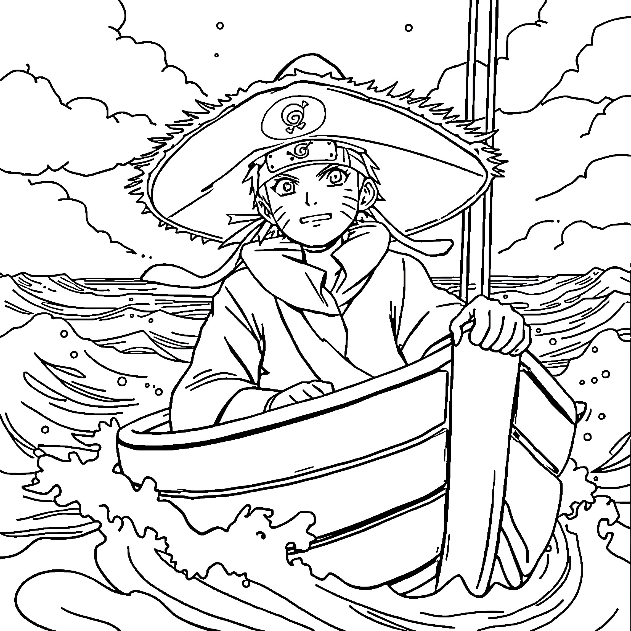 Naruto Navigating the Turbulent Waves Coloring Page (free black-and-white line drawing printable PDF for all, from beginners to advanced learners, including children, teens, adults, and seniors)