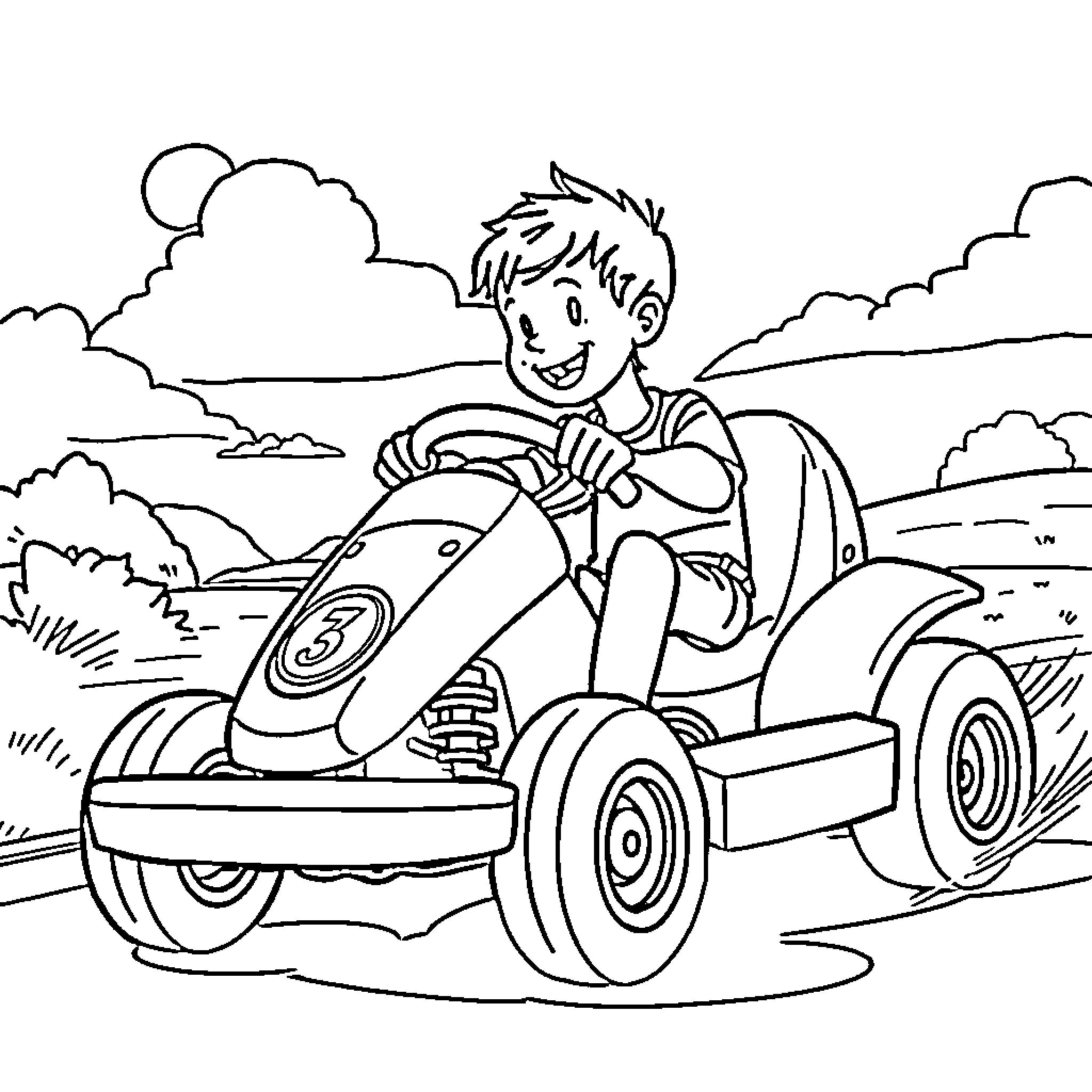 Go Kart Racing Boy Enjoying Outdoor Adventure Coloring Page (free black-and-white line drawing printable PDF for all, from beginners to advanced learners, including children, teens, adults, and seniors)