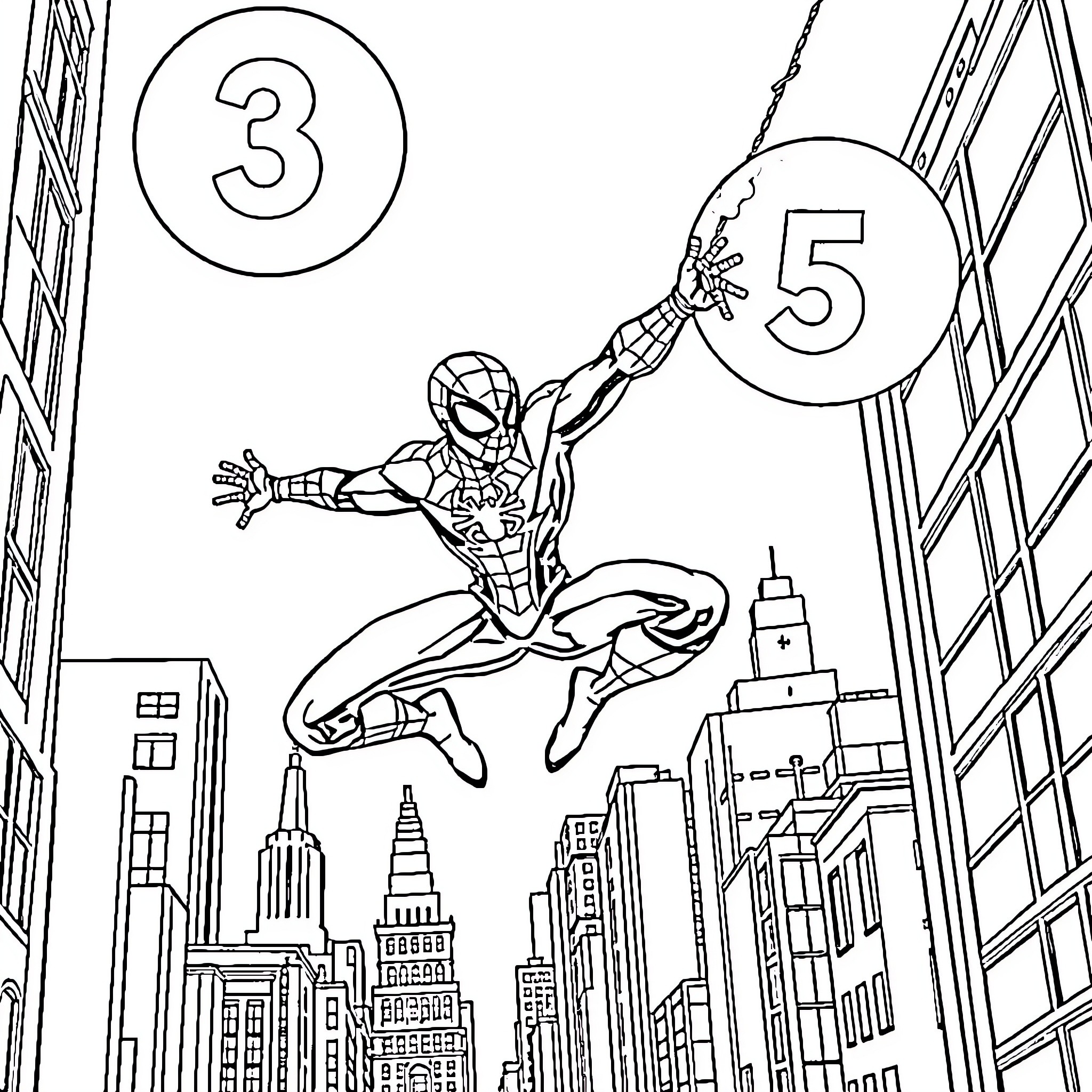 Spidey Swinging Through the City Coloring Page (free black-and-white line drawing printable PDF for all, from beginners to advanced learners, including children, teens, adults, and seniors)