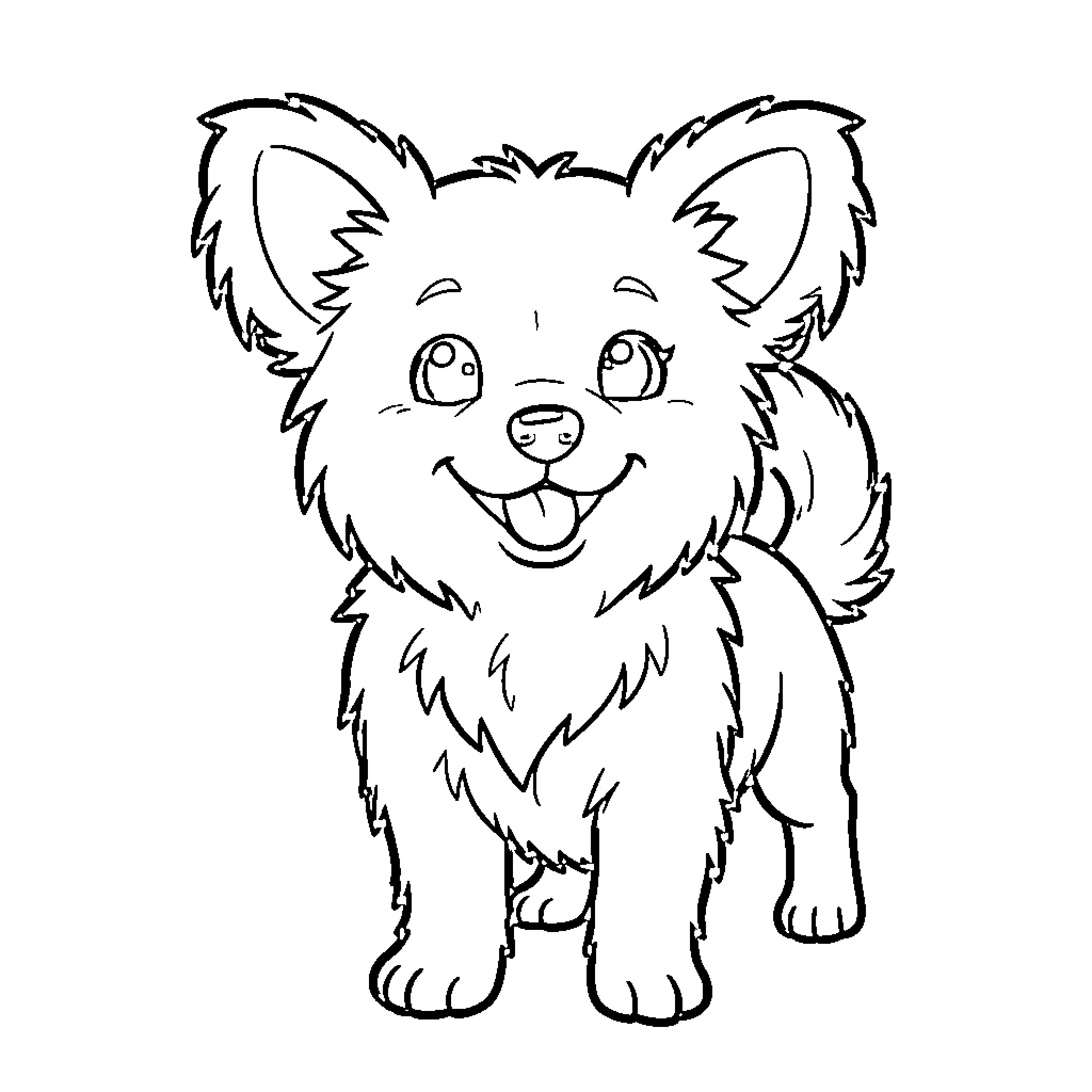 Papillon puppy smiling happily and standing forward Coloring Page (free black-and-white line drawing printable PDF for all, from beginners to advanced learners, including children, teens, adults, and seniors)