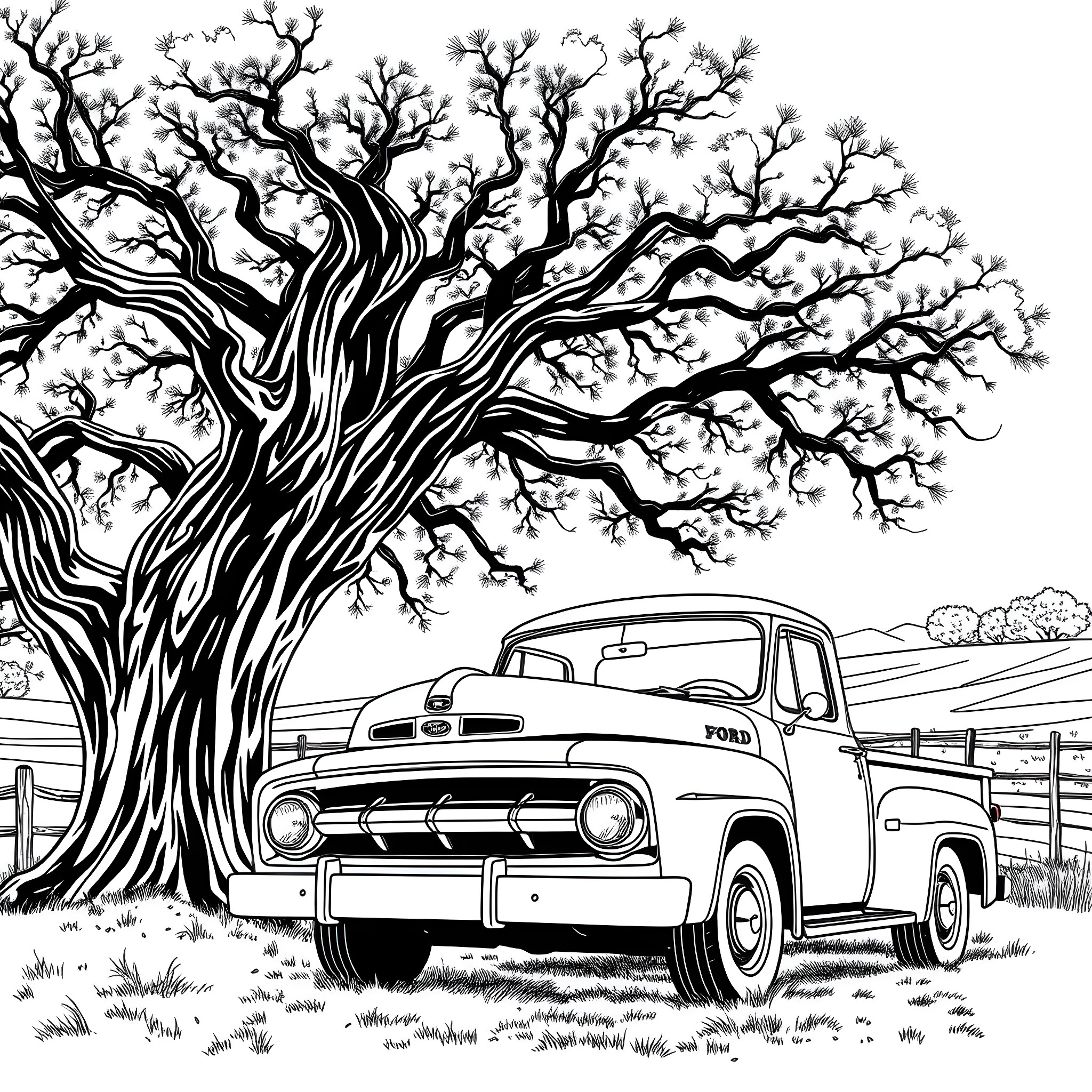 Tree with an Old Truck in the Countryside Coloring Page (free black-and-white line drawing printable PDF for all, from beginners to advanced learners, including children, teens, adults, and seniors)