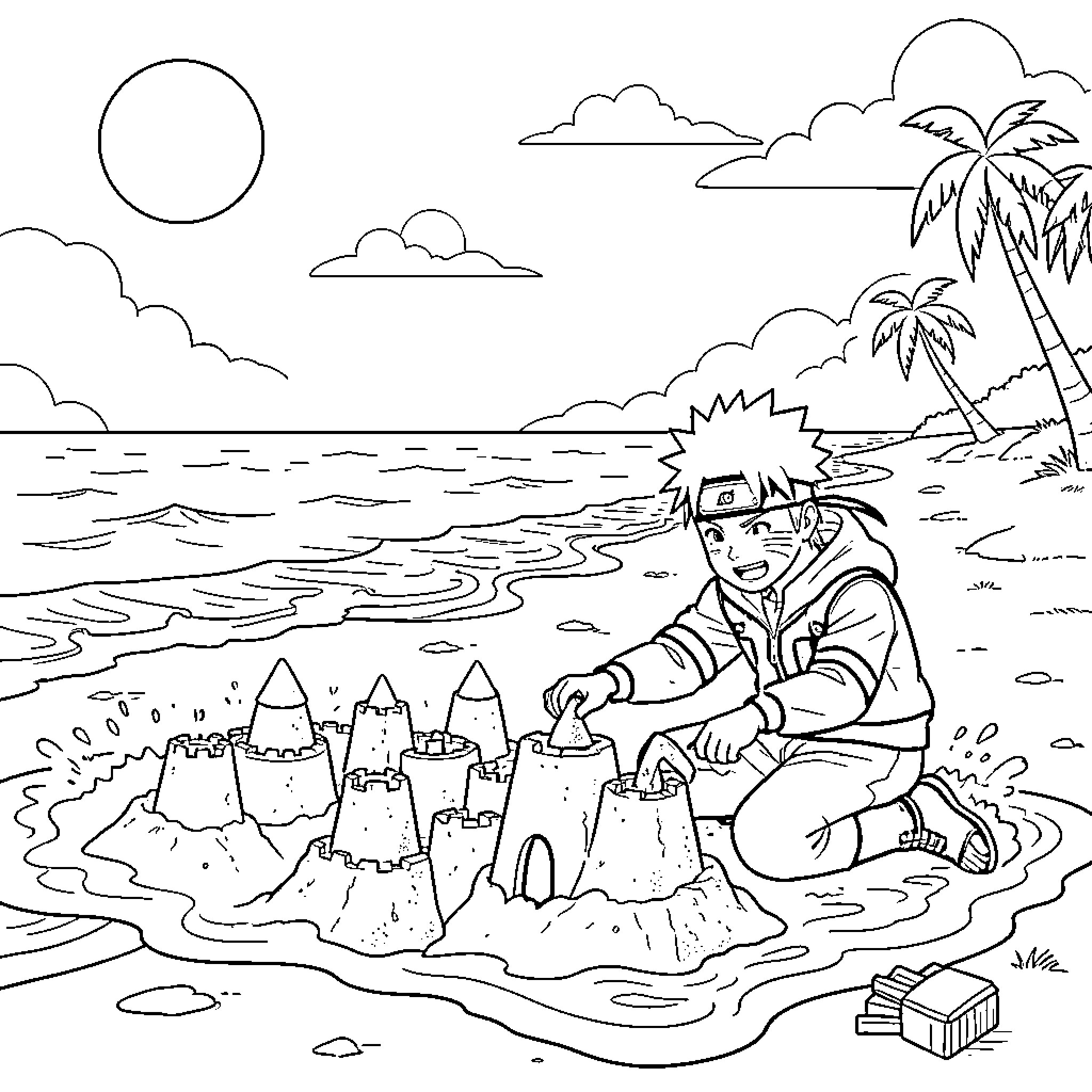 Naruto building sandcastles on a sunny beach Coloring Page (free black-and-white line drawing printable PDF for all, from beginners to advanced learners, including children, teens, adults, and seniors)
