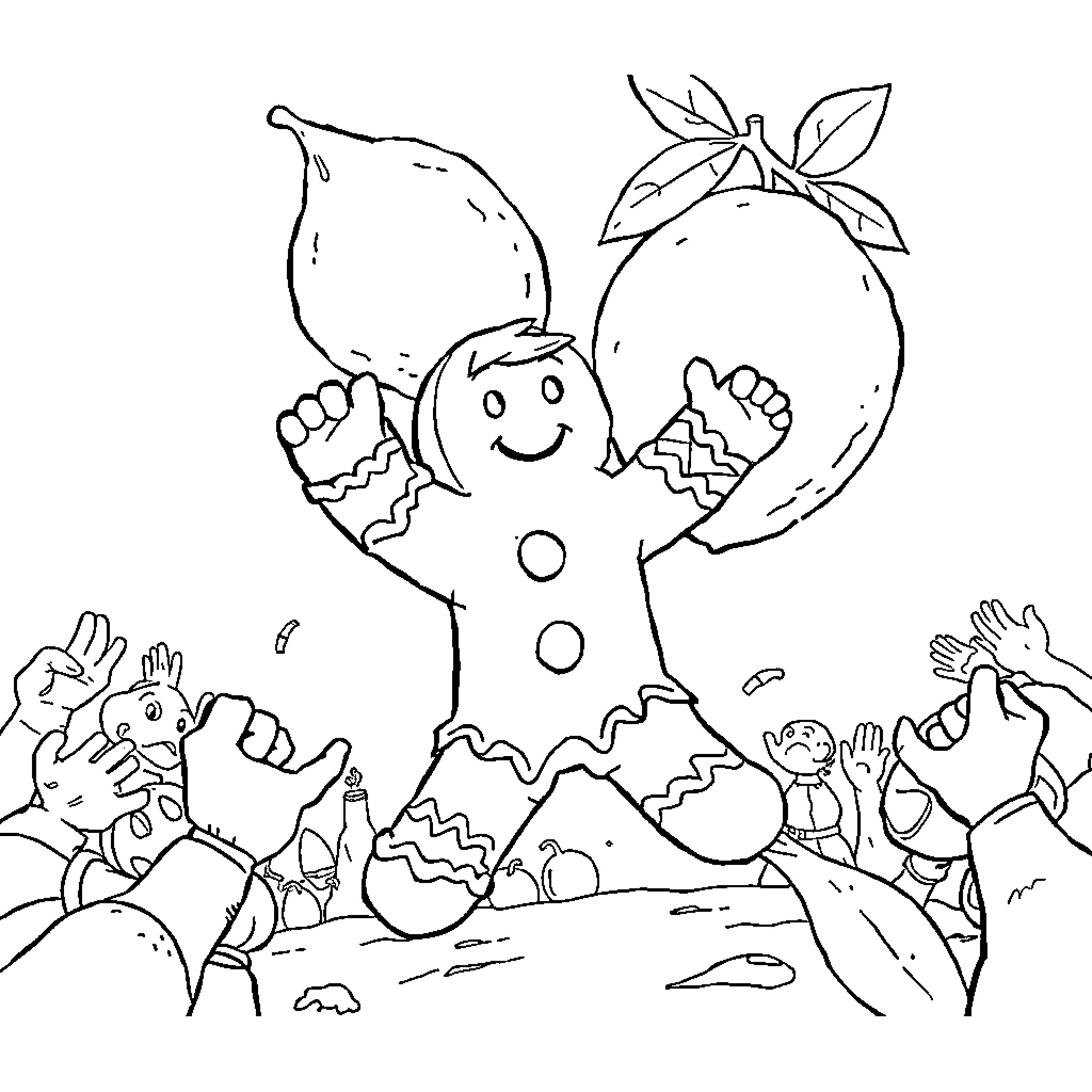 Gingerbread Man interacts with animated characters in winter scene Coloring Page (free black-and-white line drawing printable PDF for all, from beginners to advanced learners, including children, teens, adults, and seniors)