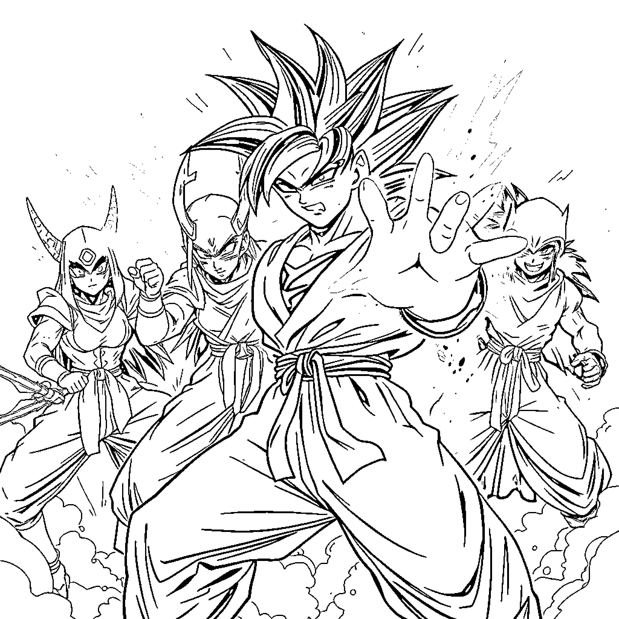 Demon Hunter in Fierce Battle with Powerful Foes Coloring Page (free black-and-white line drawing printable PDF for all, from beginners to advanced learners, including children, teens, adults, and seniors)