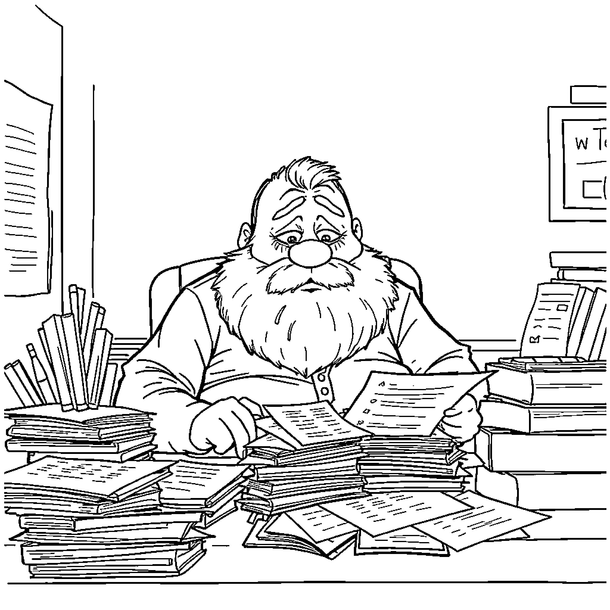 Teacher grading papers in cluttered office Coloring Page (free black-and-white line drawing printable PDF for all, from beginners to advanced learners, including children, teens, adults, and seniors)