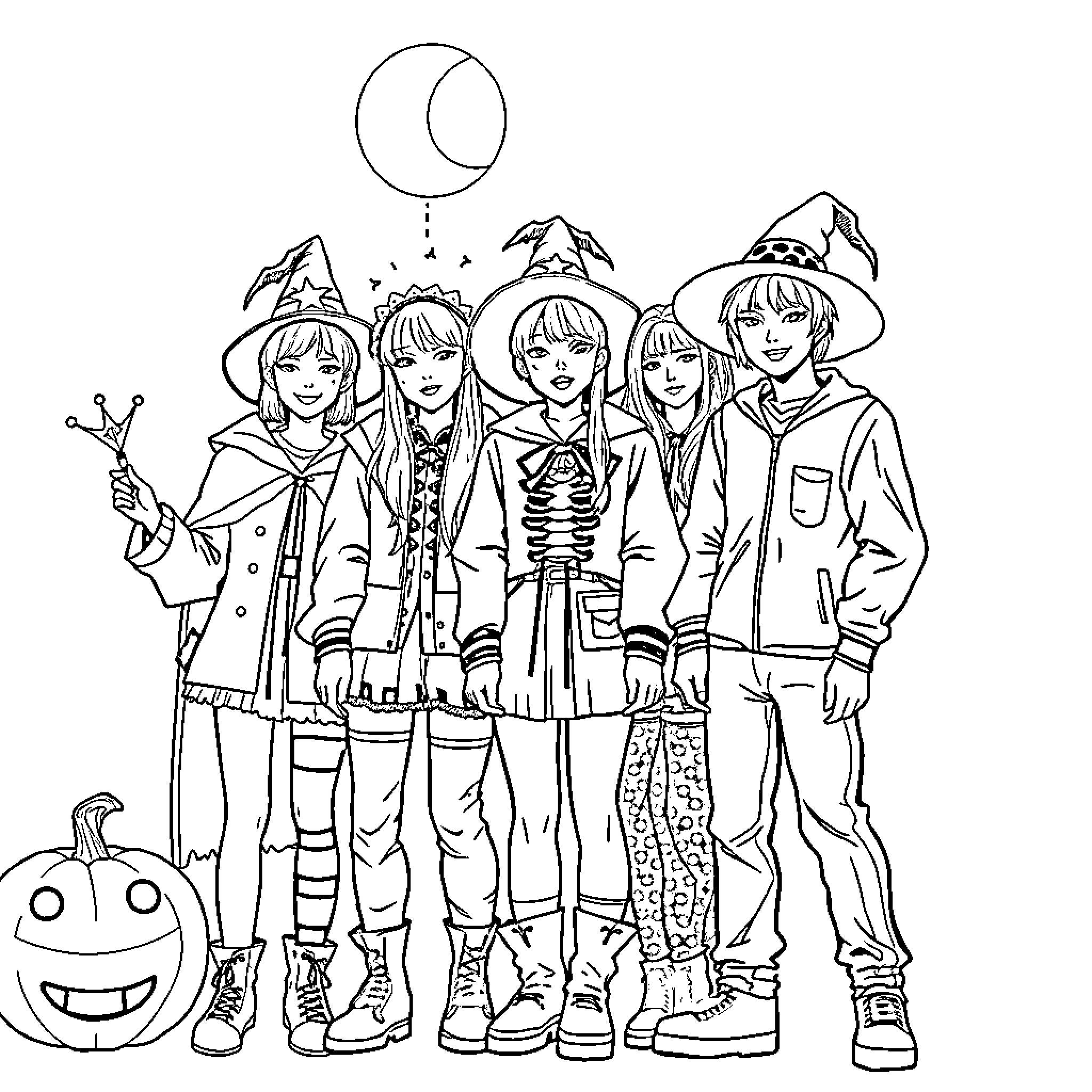 Kpop Idols Celebrate Halloween in Costume Coloring Page (free black-and-white line drawing printable PDF for all, from beginners to advanced learners, including children, teens, adults, and seniors)