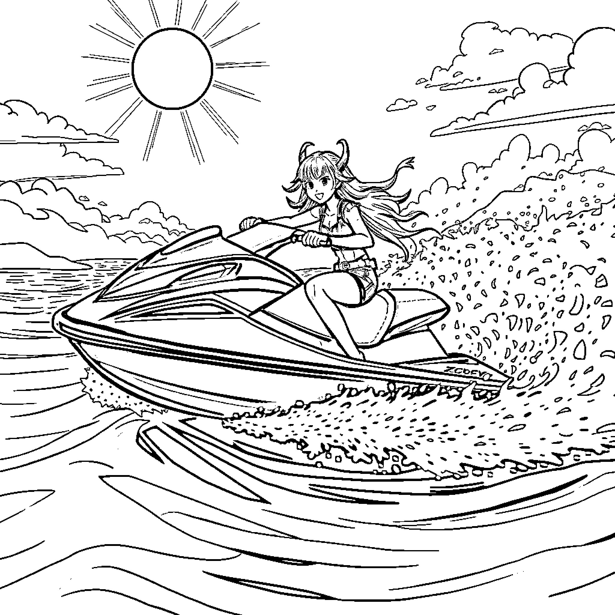 Demon Hunter riding a high-speed jet ski on the waves Coloring Page (free black-and-white line drawing printable PDF for all, from beginners to advanced learners, including children, teens, adults, and seniors)
