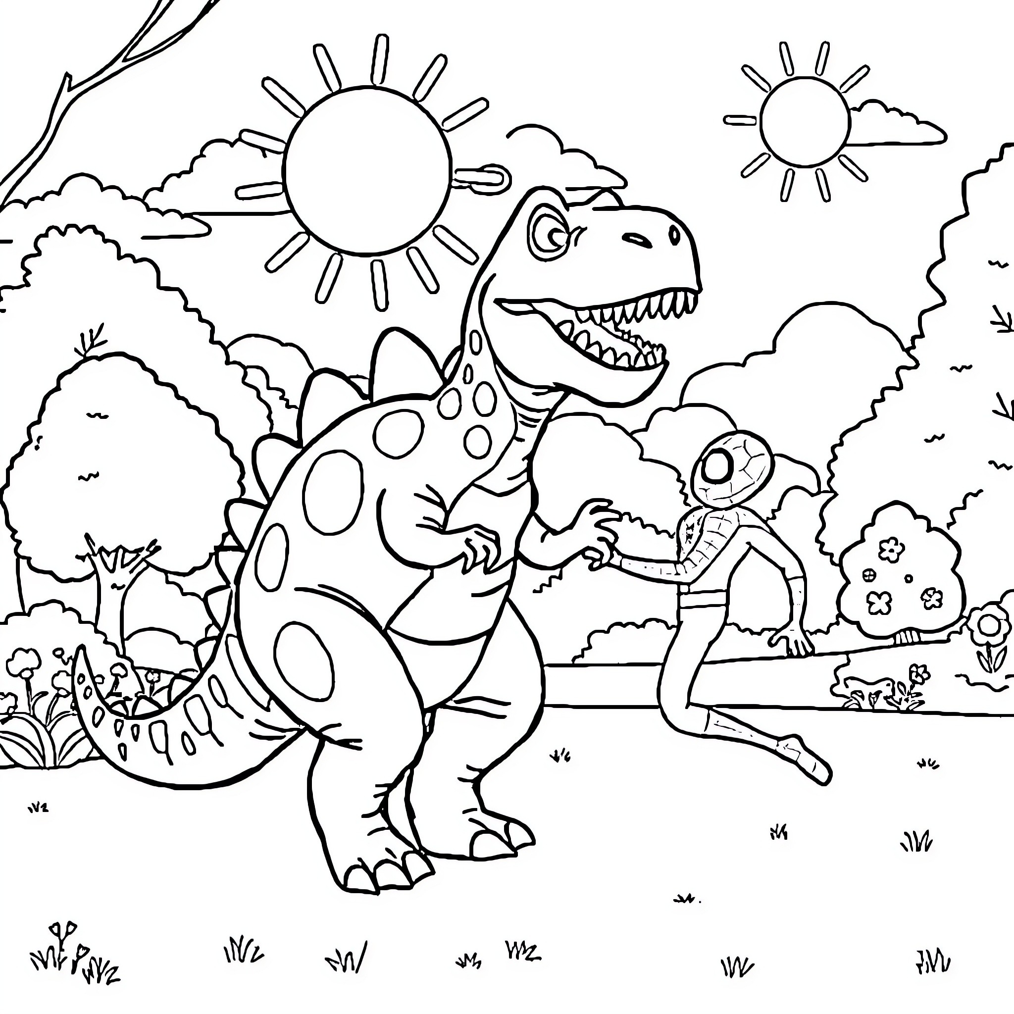 Dinosaur roaming the park with a person Coloring Page (free black-and-white line drawing printable PDF for all, from beginners to advanced learners, including children, teens, adults, and seniors)