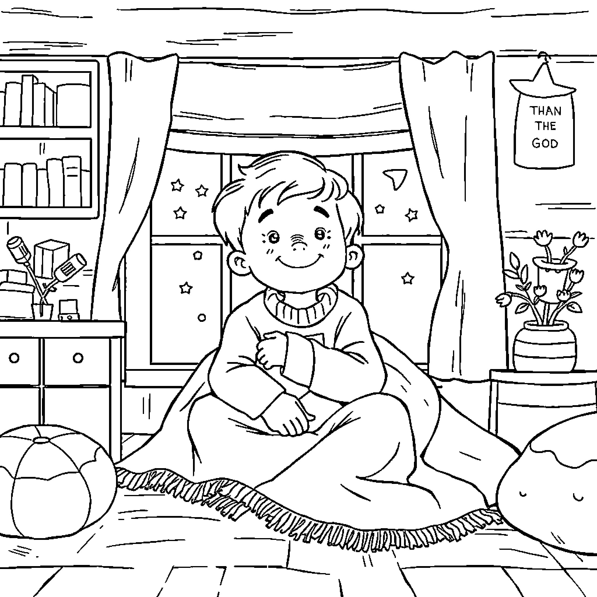 Boy reading book in cozy bedroom Coloring Page (free black-and-white line drawing printable PDF for all, from beginners to advanced learners, including children, teens, adults, and seniors)