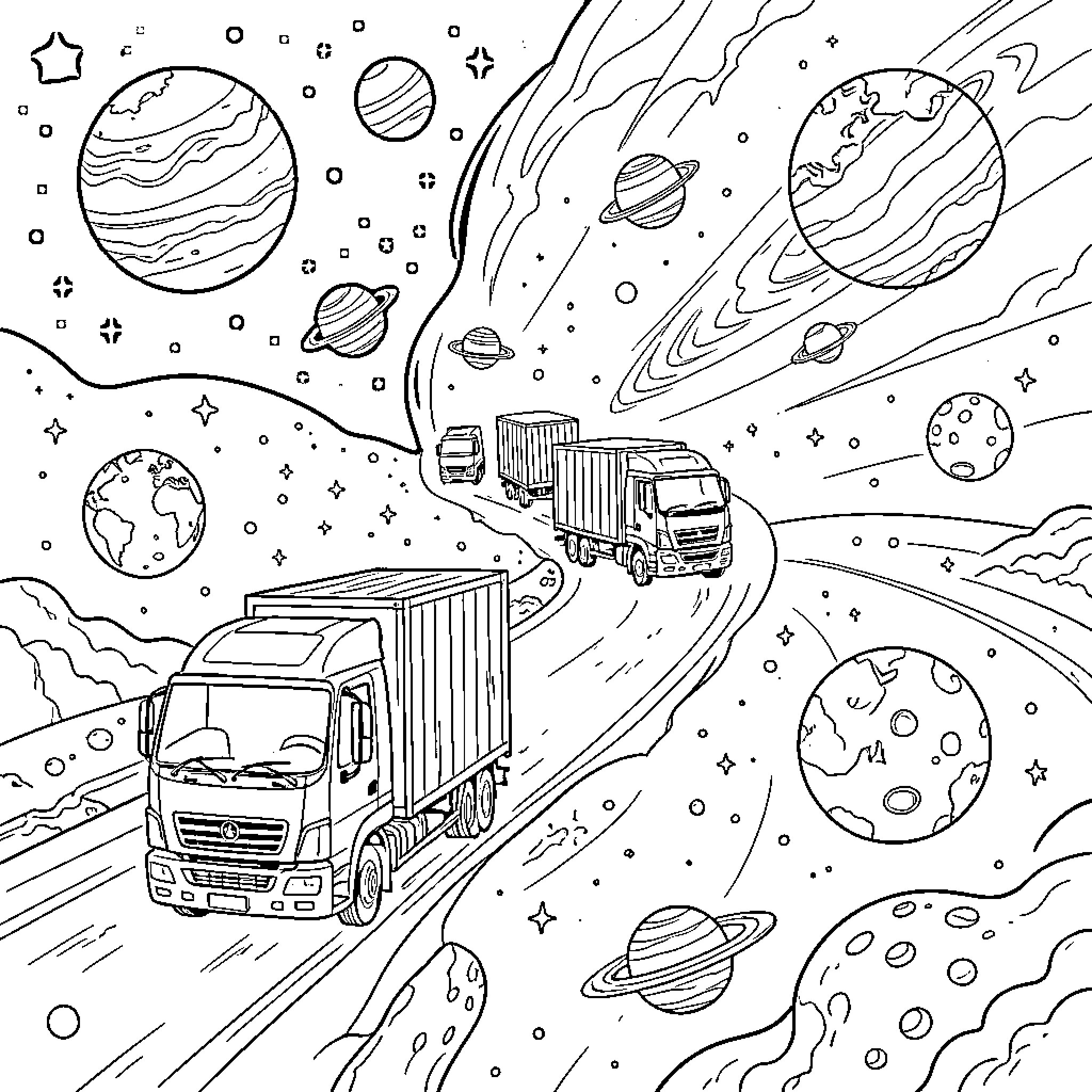 Camion driving through a whimsical space landscape Coloring Page (free black-and-white line drawing printable PDF for all, from beginners to advanced learners, including children, teens, adults, and seniors)