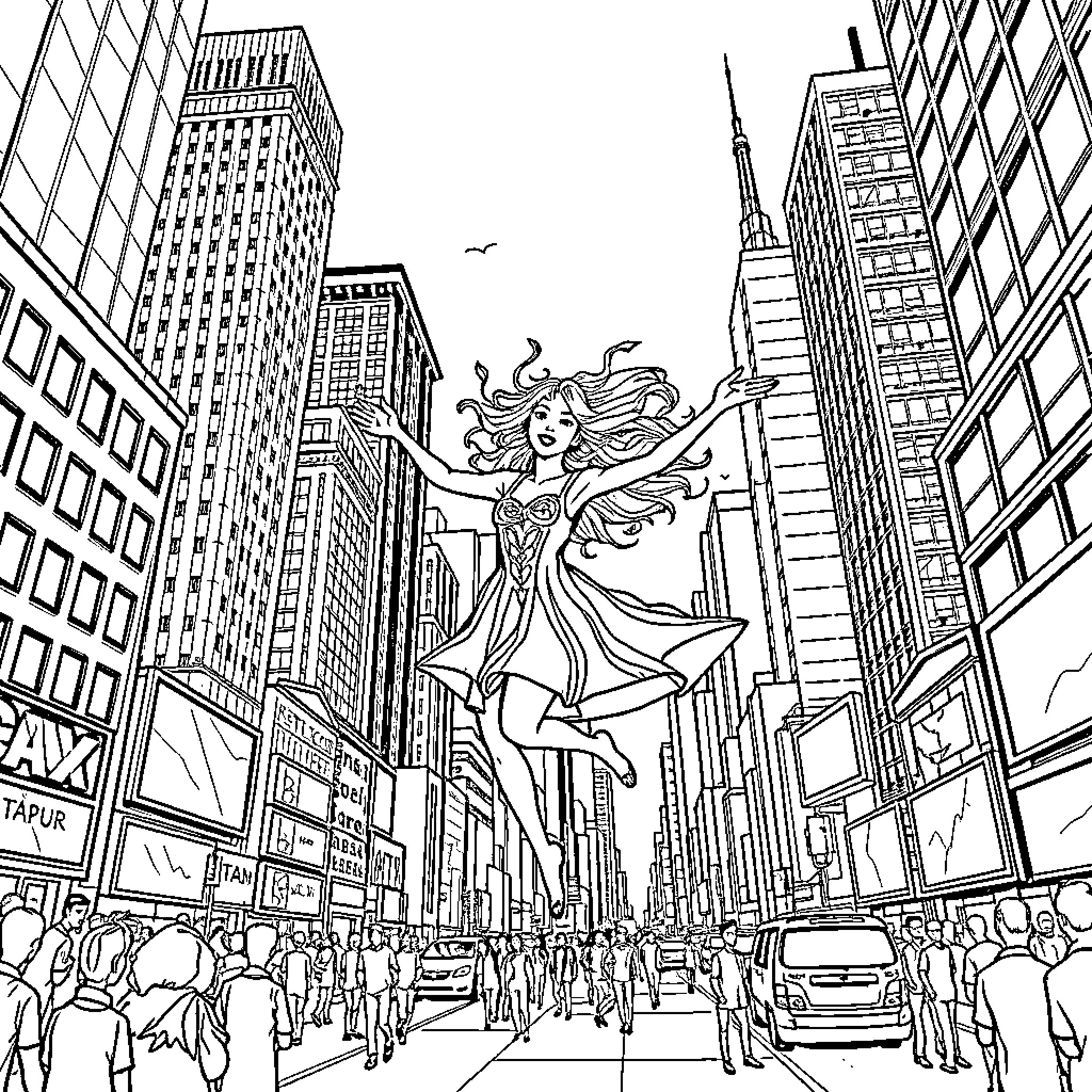 Spirit of the City: Soaring Through the Urban Landscape Coloring Page (free black-and-white line drawing printable PDF for all, from beginners to advanced learners, including children, teens, adults, and seniors)