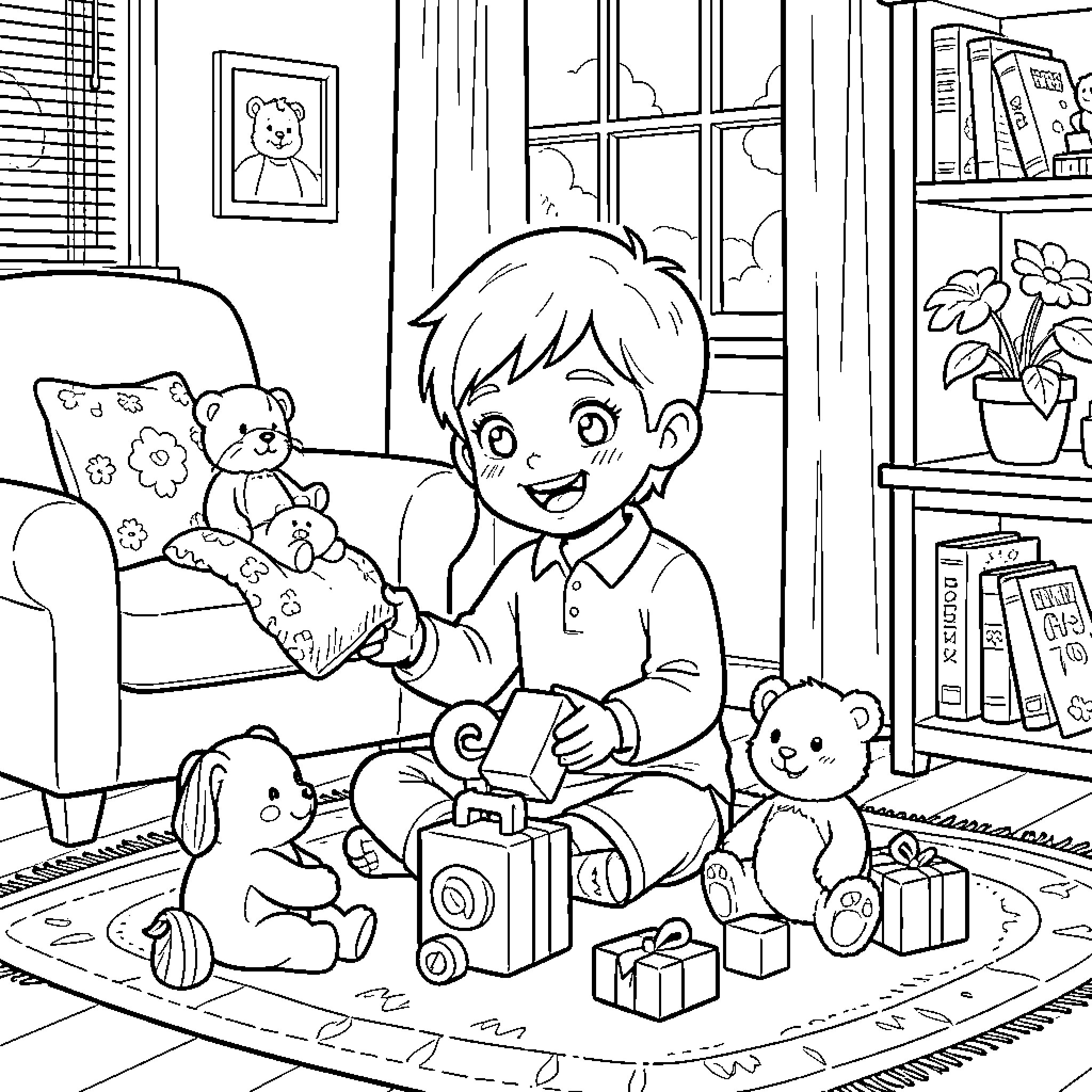 Kid playing happily with toys on a rug Coloring Page (free black-and-white line drawing printable PDF for all, from beginners to advanced learners, including children, teens, adults, and seniors)