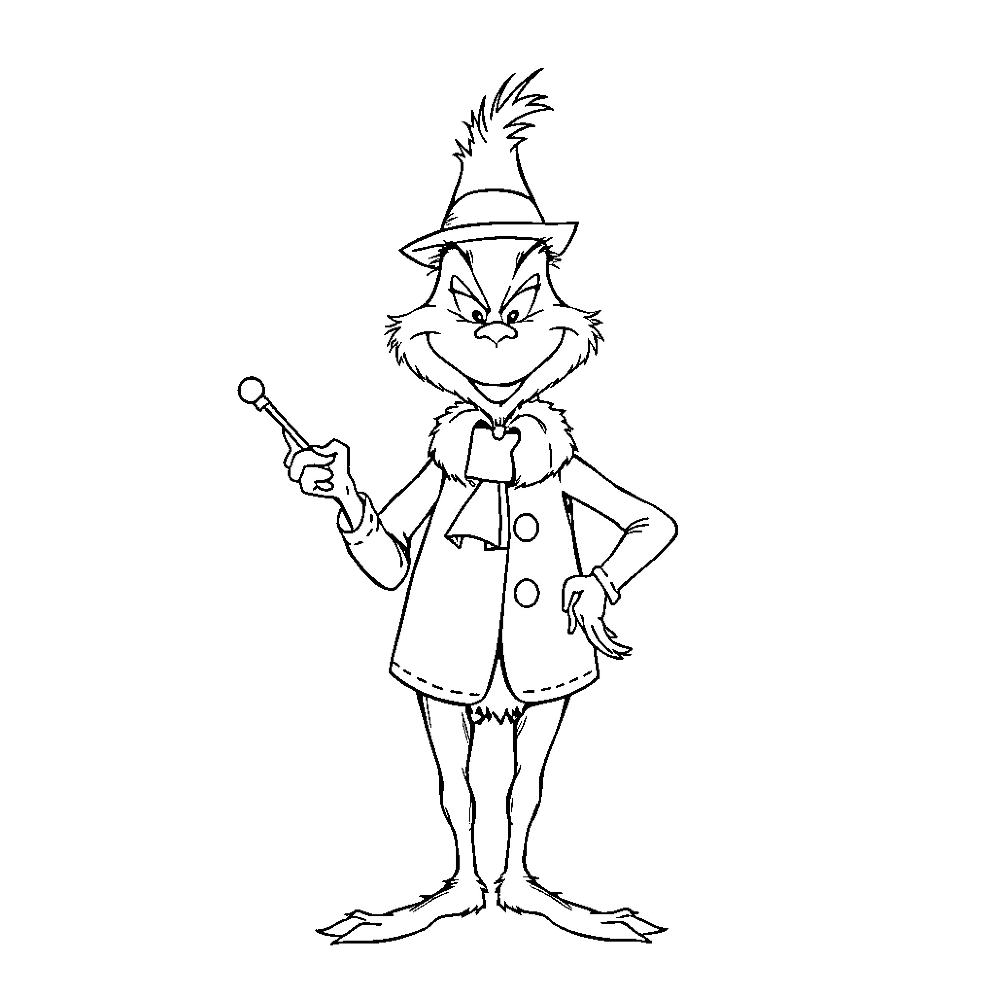 Grinch the Mischievous Carnival Performer Coloring Page (free black-and-white line drawing printable PDF for all, from beginners to advanced learners, including children, teens, adults, and seniors)