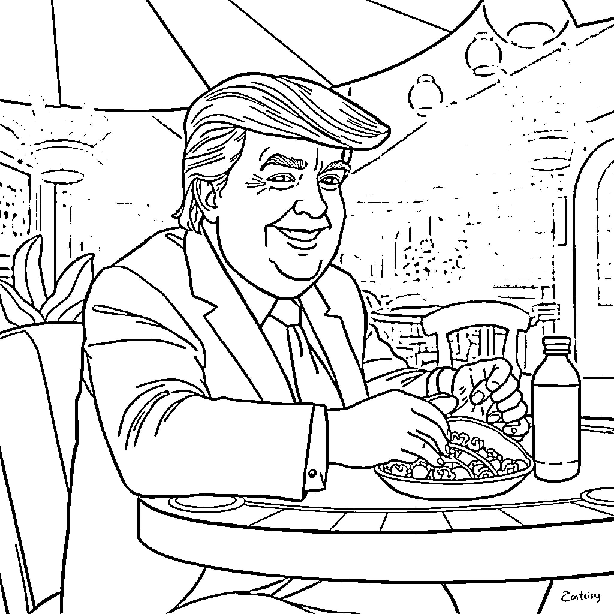 Donald Trump enjoying a meal at a restaurant Coloring Page (free black-and-white line drawing printable PDF for all, from beginners to advanced learners, including children, teens, adults, and seniors)