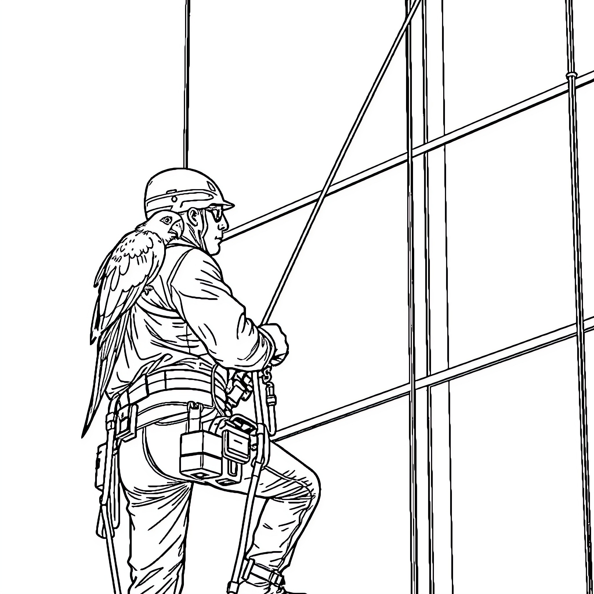 Rope Access Technician Scaling Skyscraper Facade Coloring Page (free black-and-white line drawing printable PDF for all, from beginners to advanced learners, including children, teens, adults, and seniors)