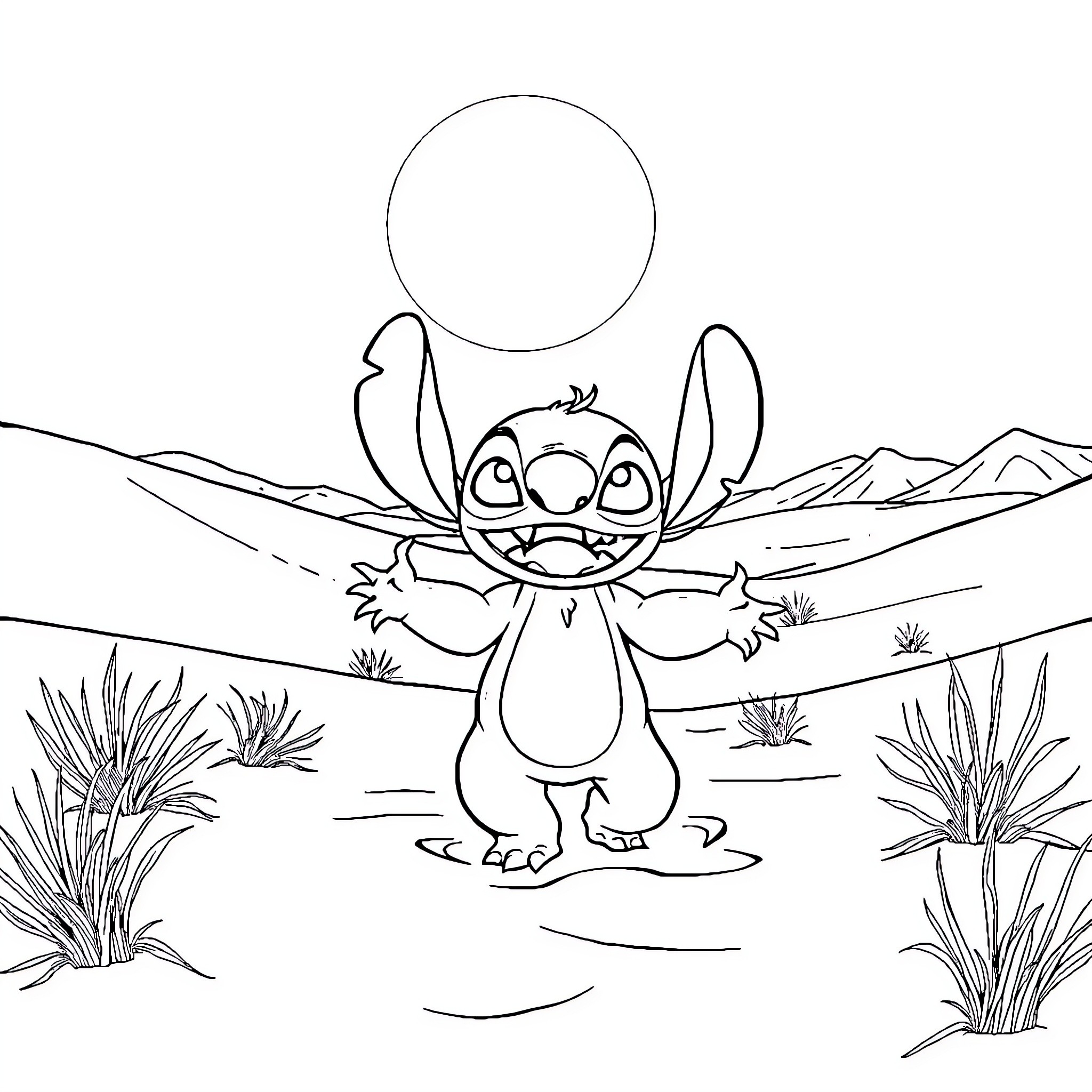 Stitch exploring the outdoor landscape Coloring Page (free black-and-white line drawing printable PDF for all, from beginners to advanced learners, including children, teens, adults, and seniors)