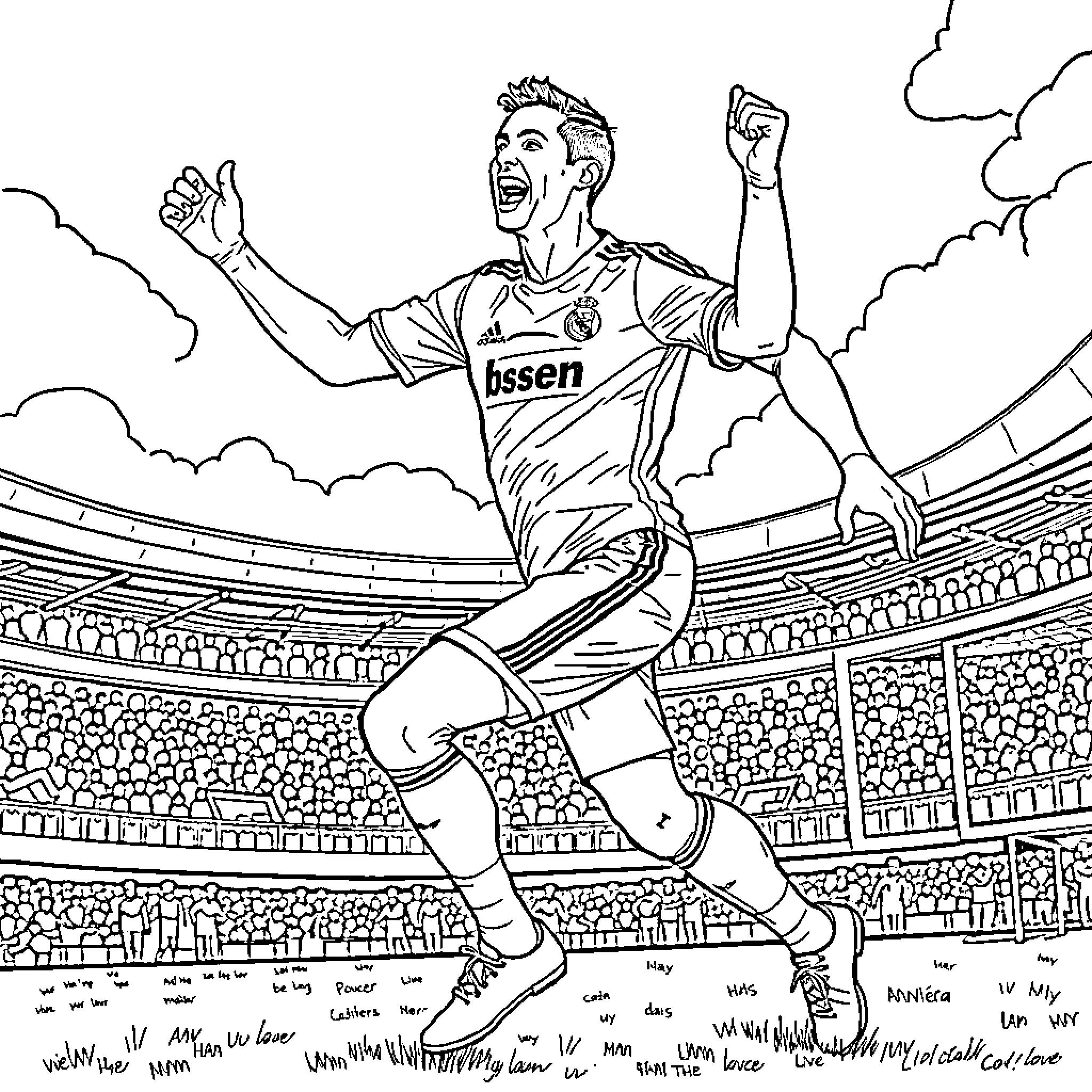 Cristiano Ronaldo celebrating a victorious goal at the stadium Coloring Page (free black-and-white line drawing printable PDF for all, from beginners to advanced learners, including children, teens, adults, and seniors)