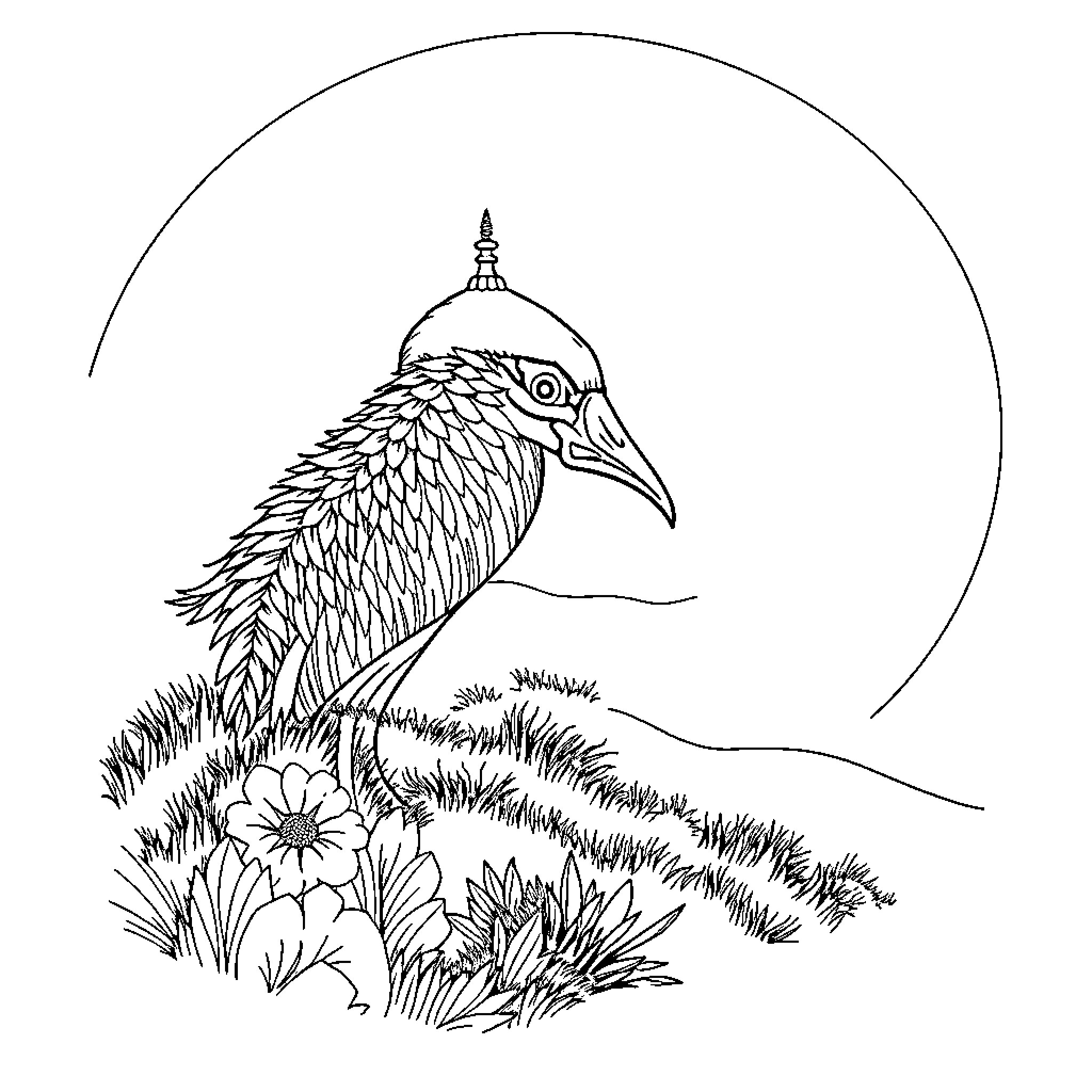 Elephant-shaped bird in nature landscape Coloring Page (free black-and-white line drawing printable PDF for all, from beginners to advanced learners, including children, teens, adults, and seniors)