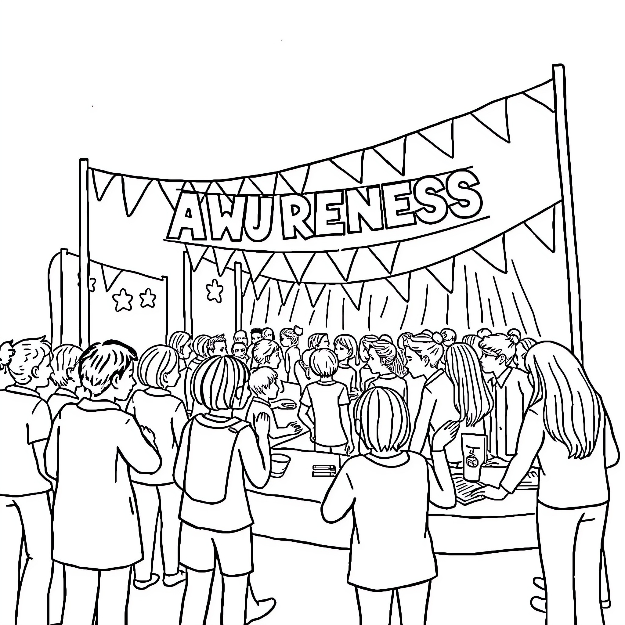 Autism Awareness Event with Festive Decor and Crowd Coloring Page (free black-and-white line drawing printable PDF for all, from beginners to advanced learners, including children, teens, adults, and seniors)