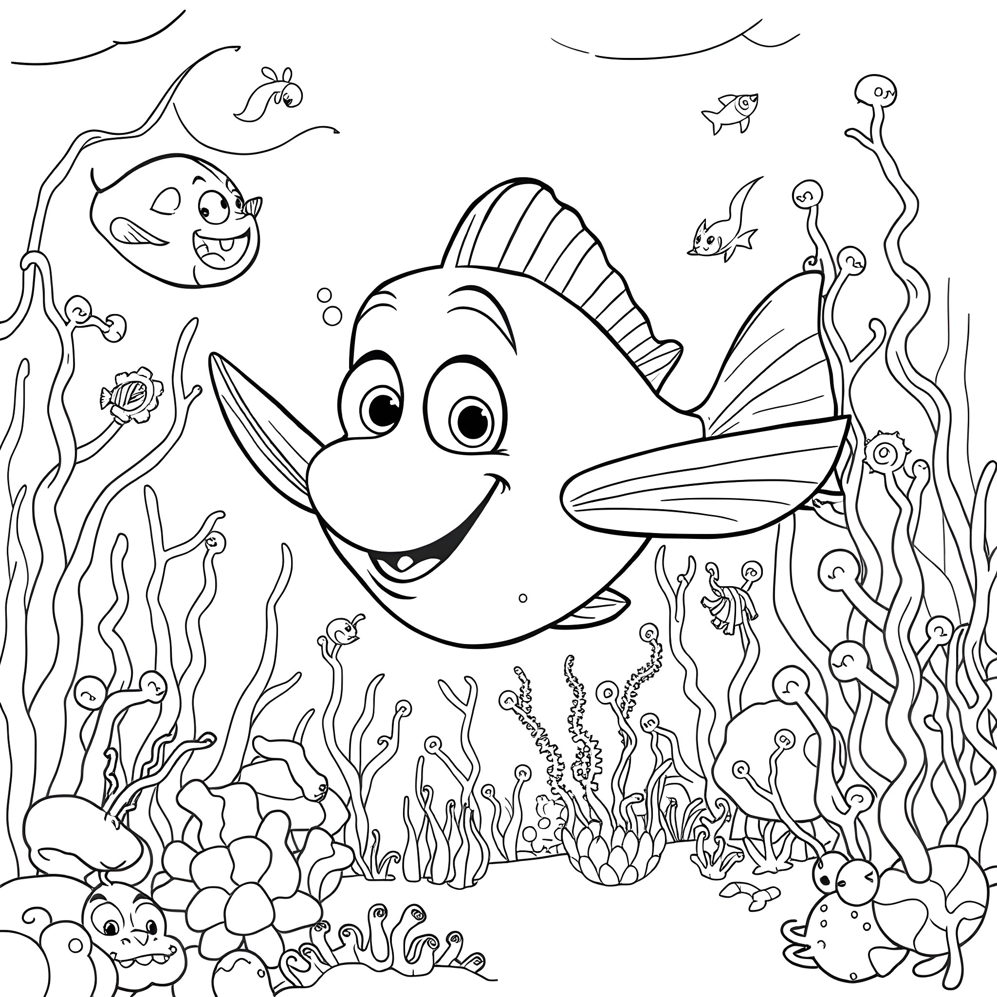 Ray's Underwater Adventure with Friendly Fish Coloring Page (free black-and-white line drawing printable PDF for all, from beginners to advanced learners, including children, teens, adults, and seniors)