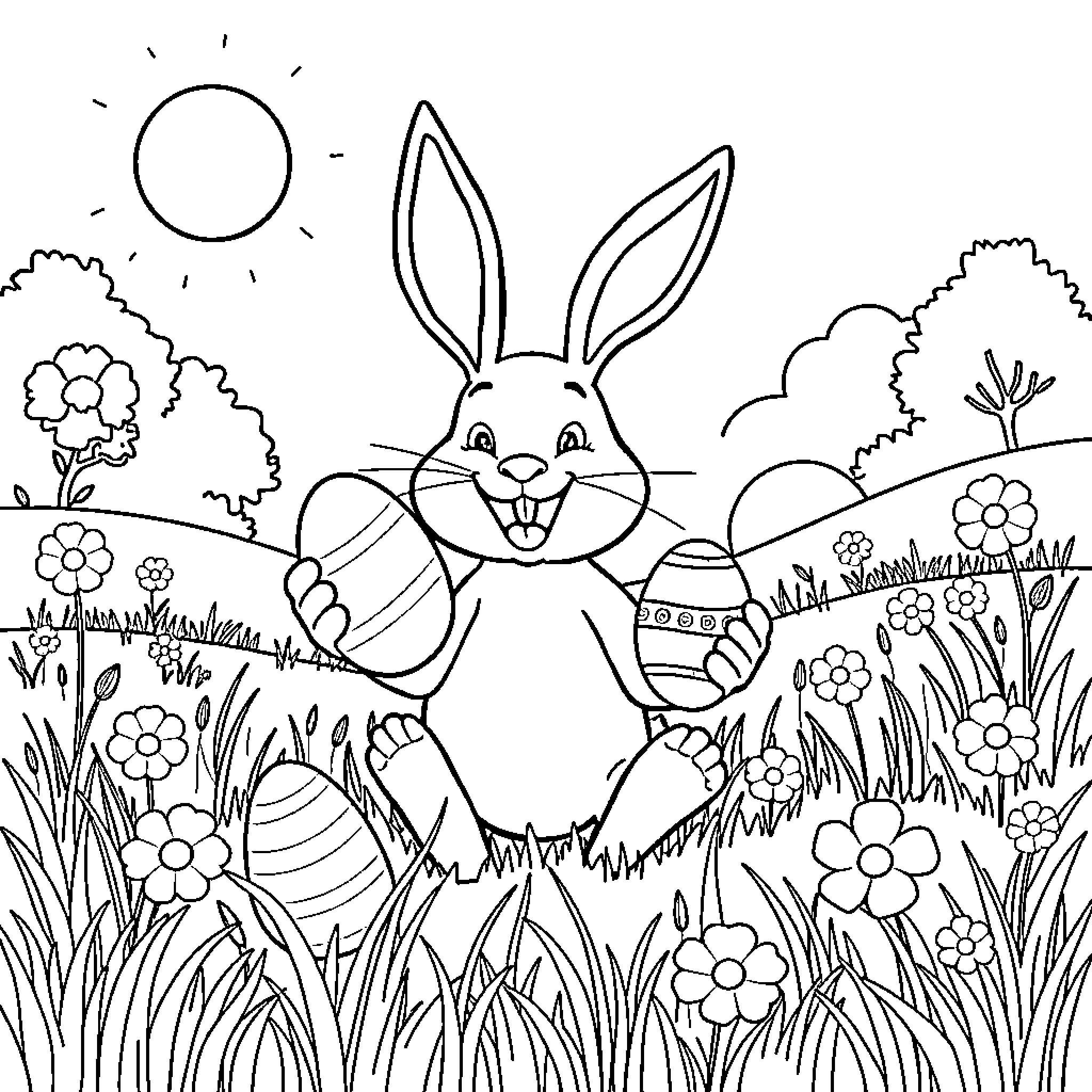 Easter Bunny joyfully exploring a spring meadow Coloring Page (free black-and-white line drawing printable PDF for all, from beginners to advanced learners, including children, teens, adults, and seniors)