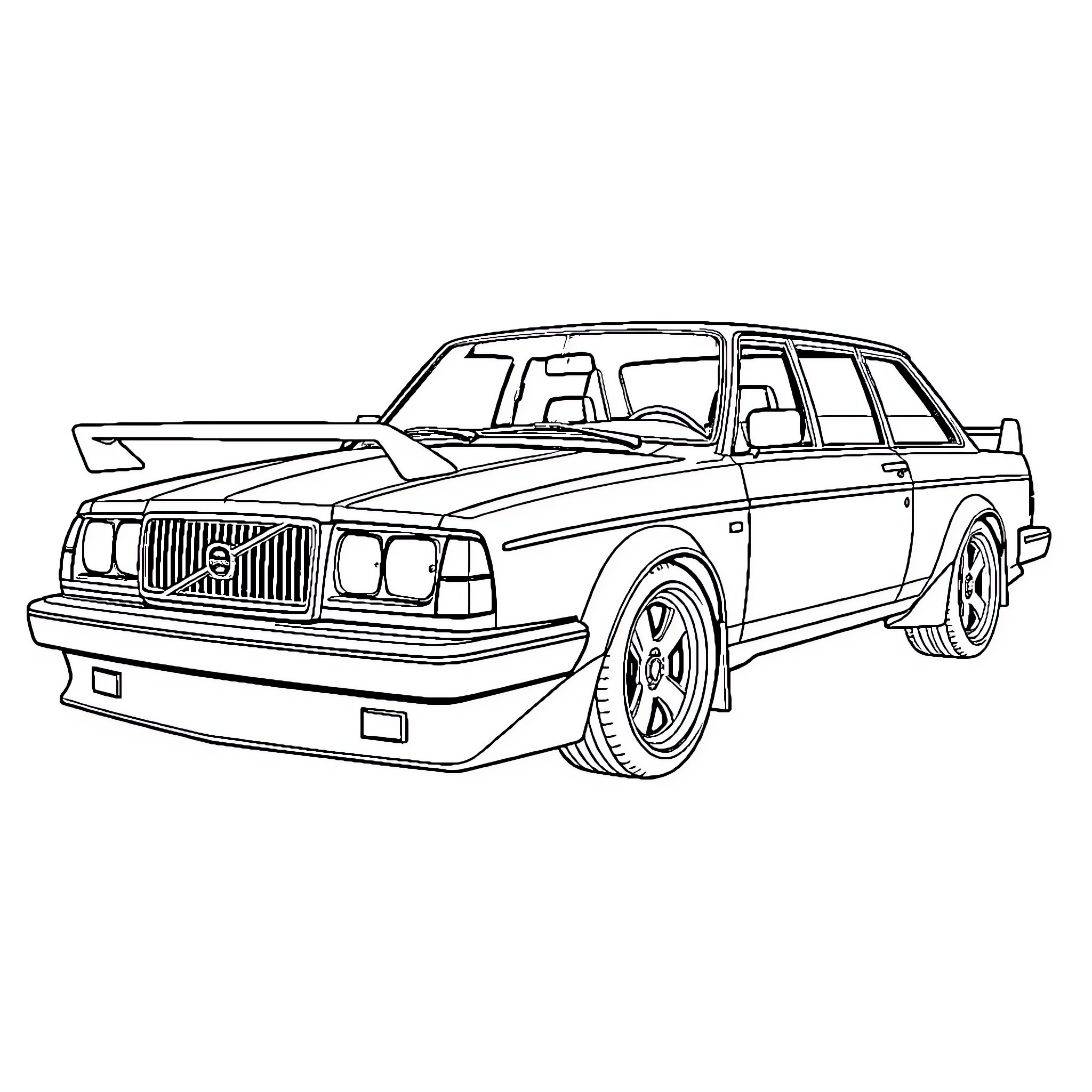 Volvo classic sedan in detailed line art Coloring Page (free black-and-white line drawing printable PDF for all, from beginners to advanced learners, including children, teens, adults, and seniors)
