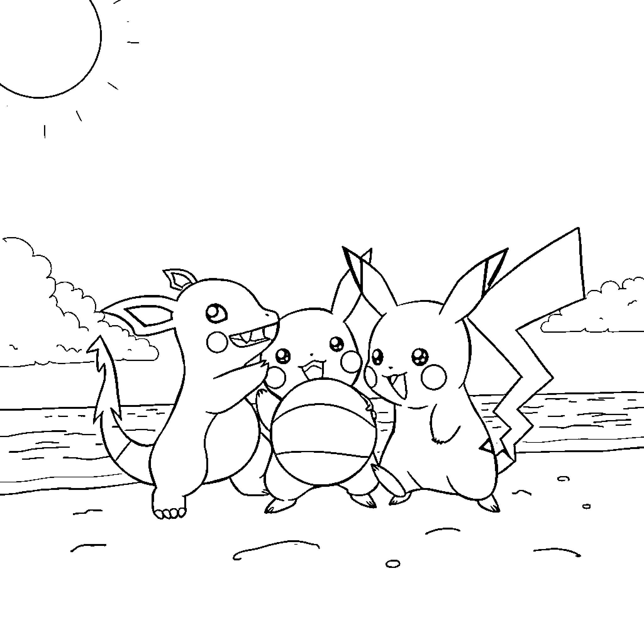 Pikachu and friends in a fun outdoor scene Coloring Page (free black-and-white line drawing printable PDF for all, from beginners to advanced learners, including children, teens, adults, and seniors)