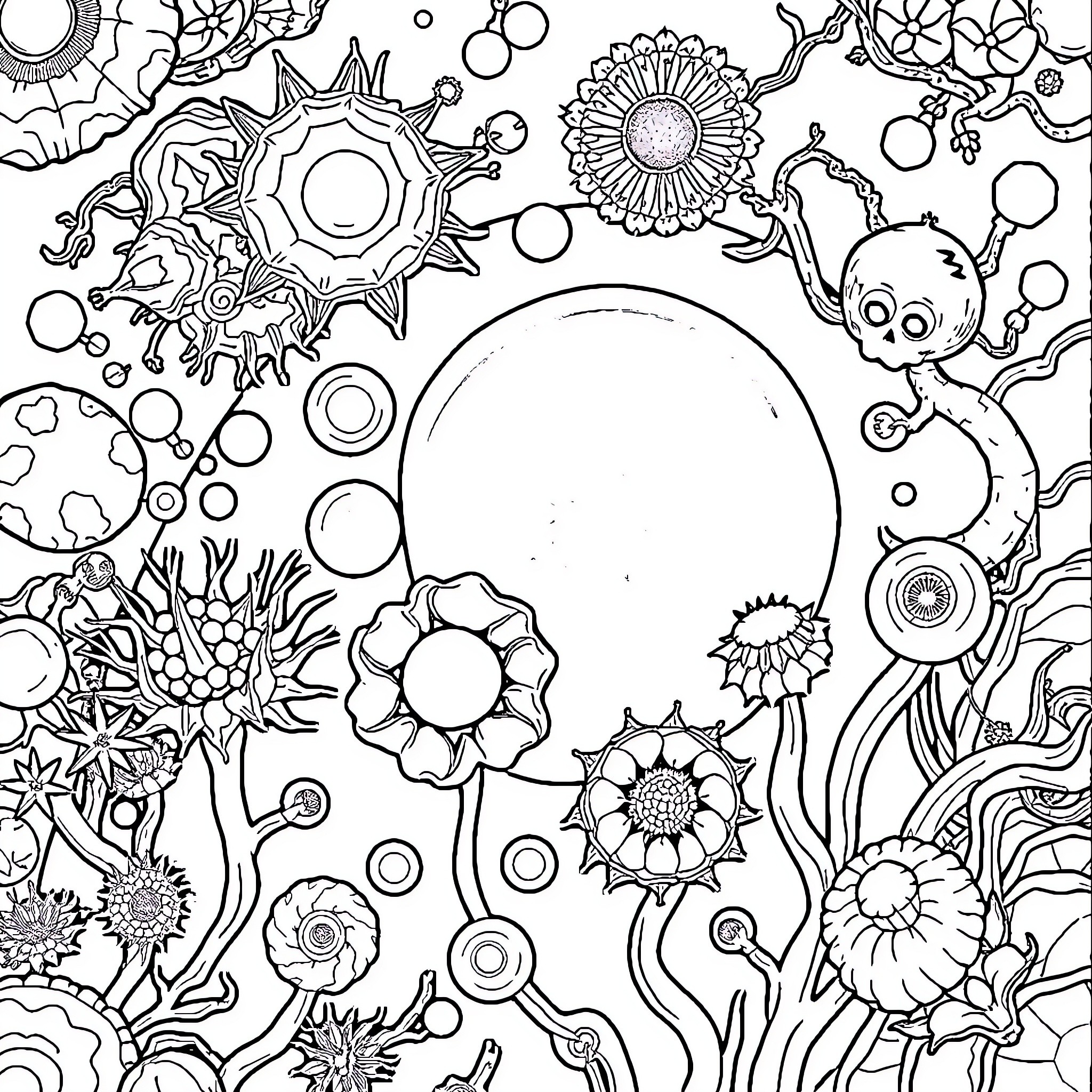 Organism in a Vibrant Abstract Floral World Coloring Page (free black-and-white line drawing printable PDF for all, from beginners to advanced learners, including children, teens, adults, and seniors)