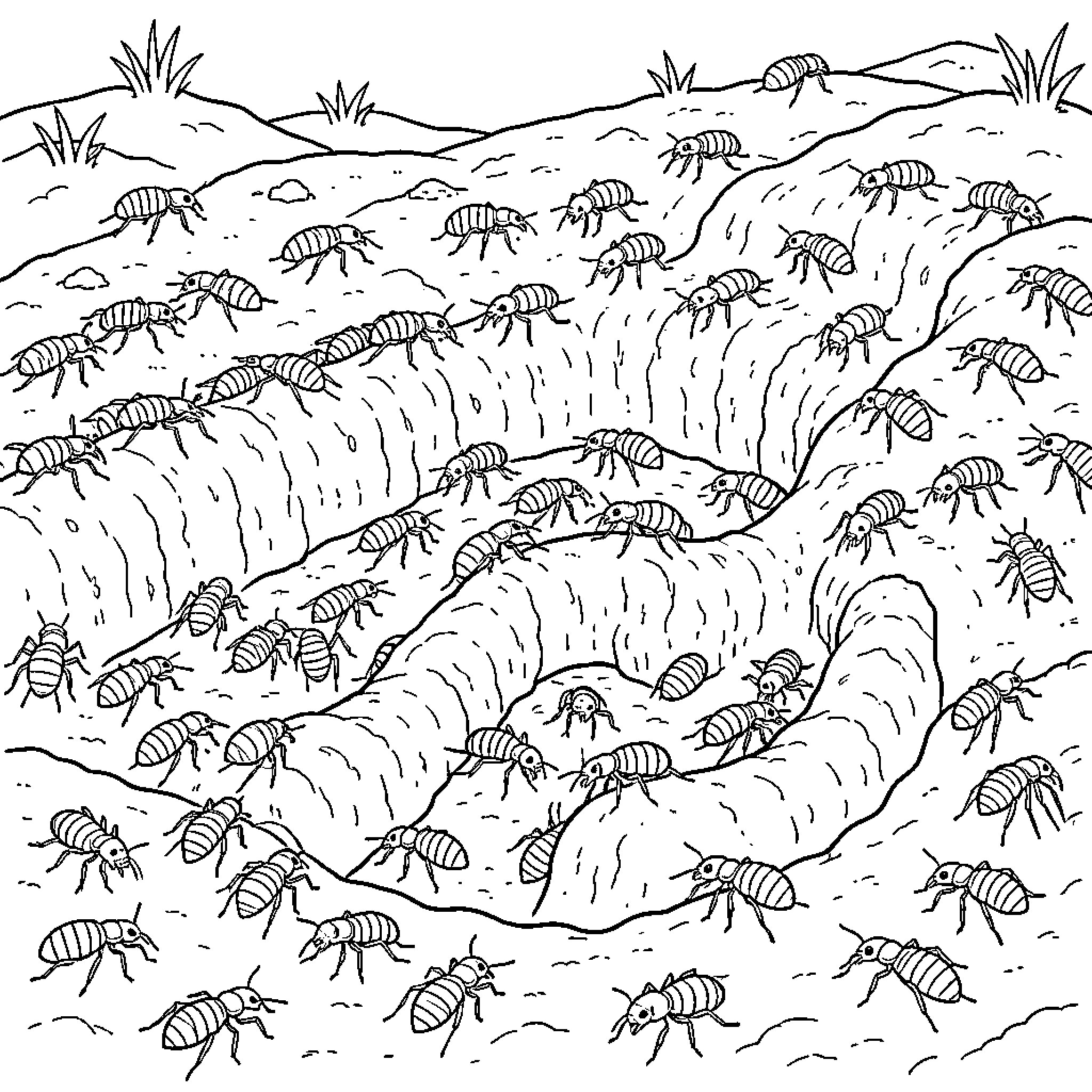 Termite colony bustling with activity Coloring Page (free black-and-white line drawing printable PDF for all, from beginners to advanced learners, including children, teens, adults, and seniors)