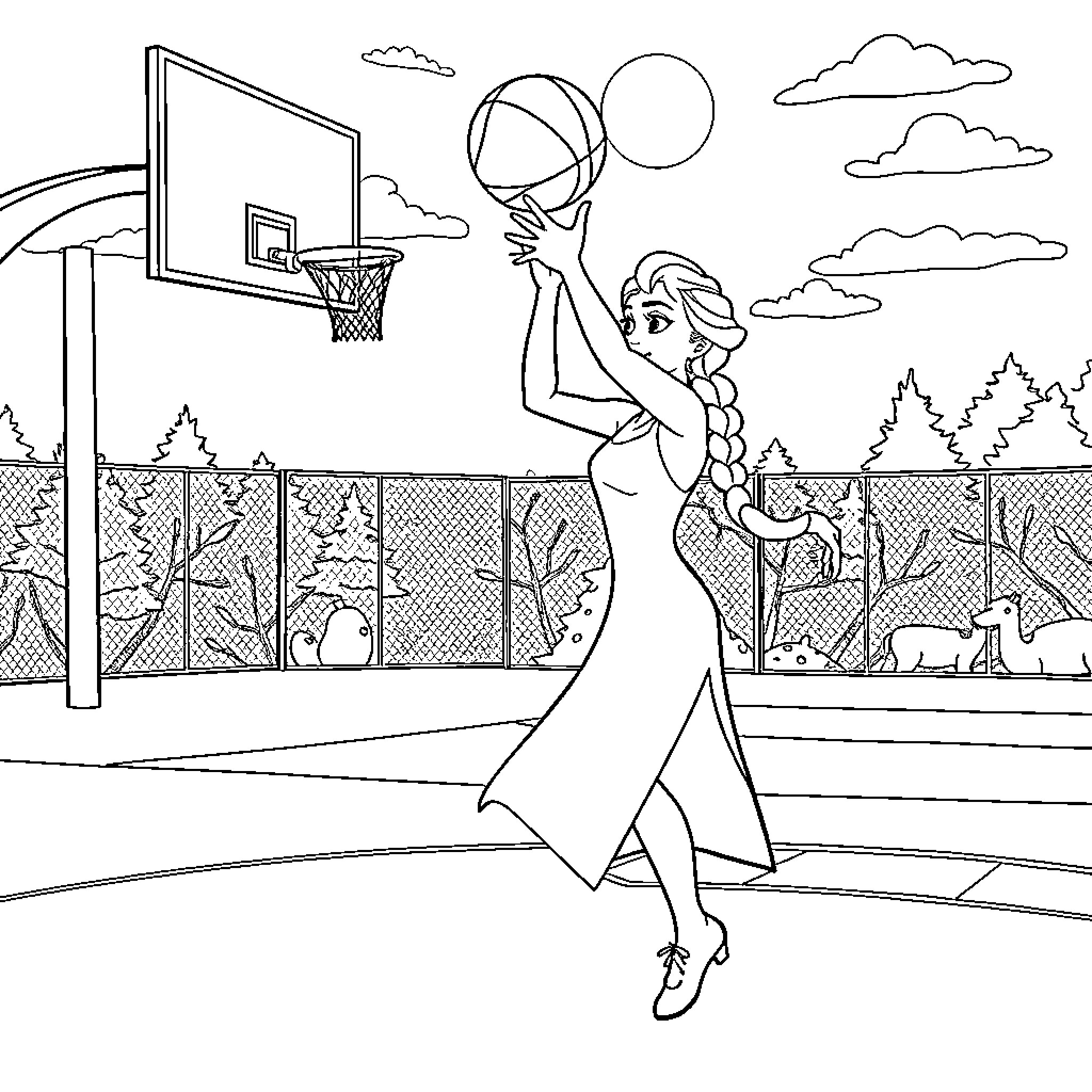 Elsa playing basketball on a sunny day Coloring Page (free black-and-white line drawing printable PDF for all, from beginners to advanced learners, including children, teens, adults, and seniors)