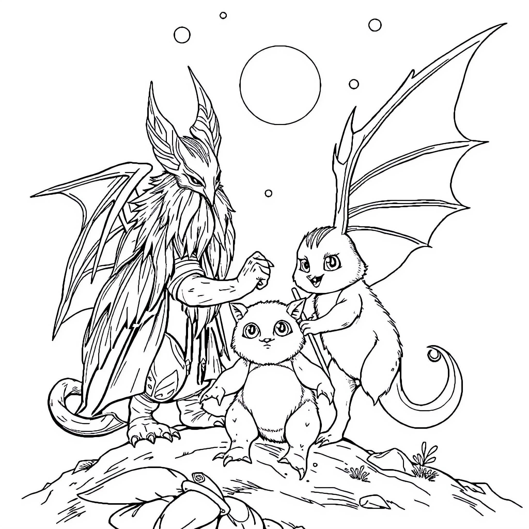Smurf-like Creatures in Fantasy Adventure Coloring Page (free black-and-white line drawing printable PDF for all, from beginners to advanced learners, including children, teens, adults, and seniors)