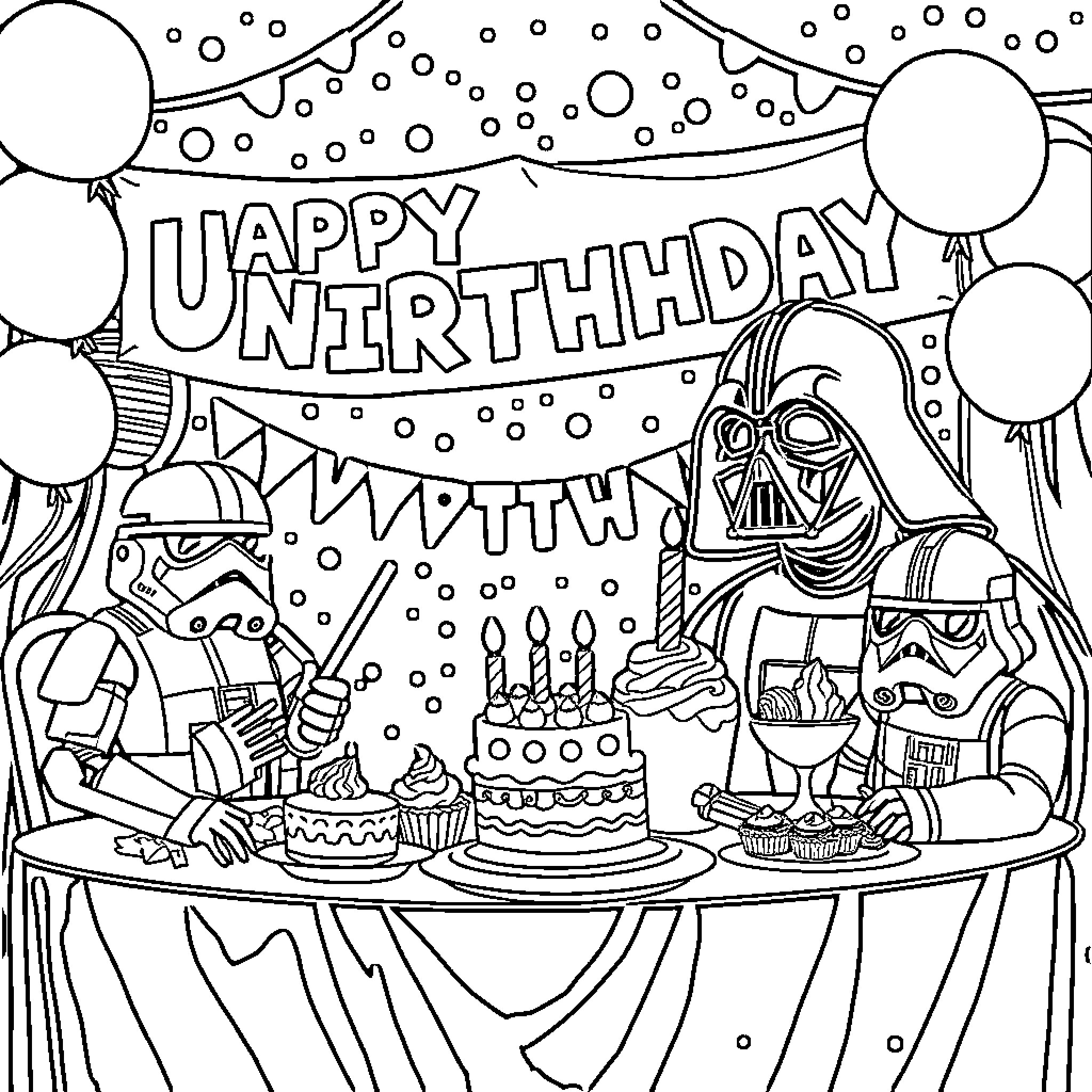 Star Wars Characters Celebrate Unbirthday Coloring Page (free black-and-white line drawing printable PDF for all, from beginners to advanced learners, including children, teens, adults, and seniors)