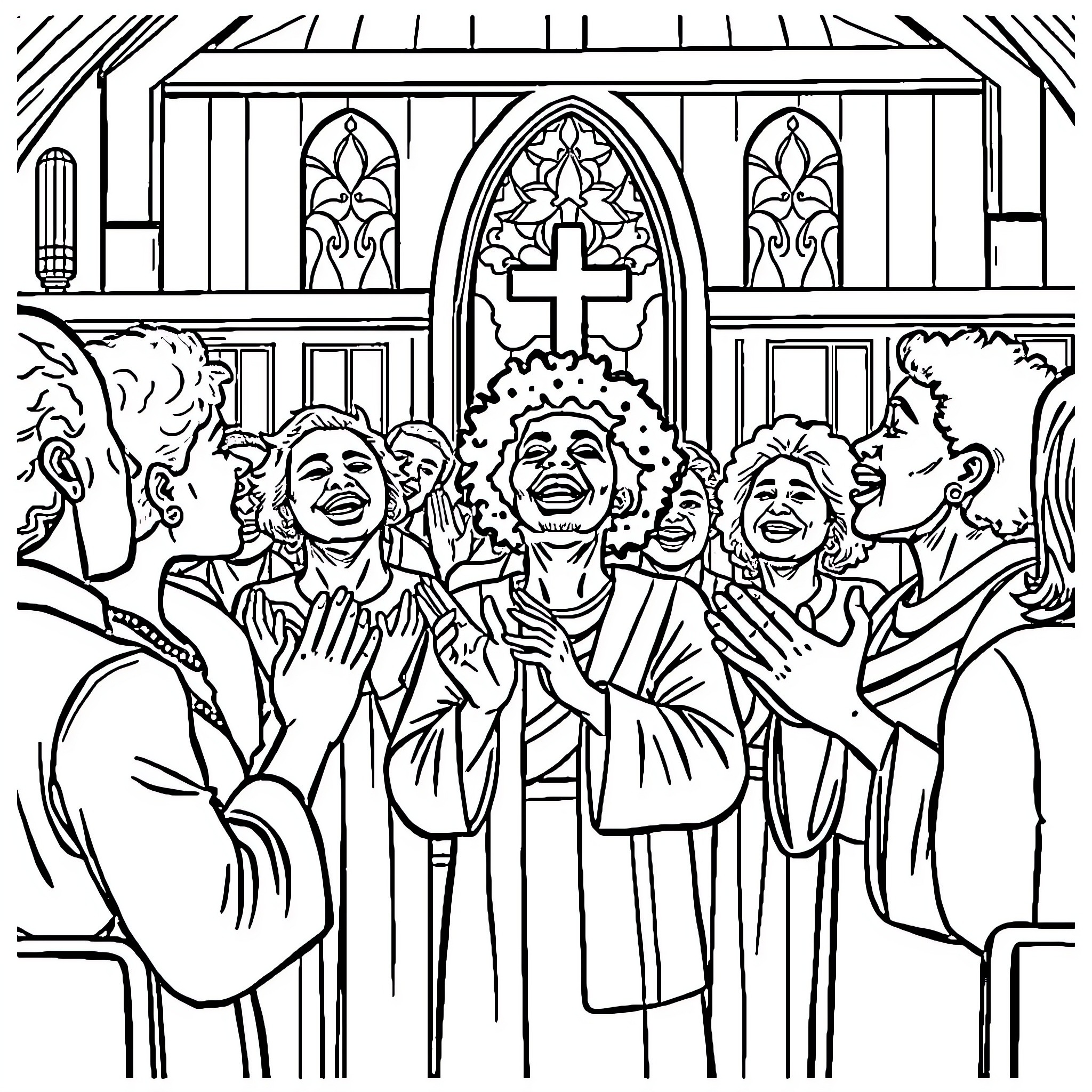 Singer Joyously Performing Before a Congregational Audience Coloring Page (free black-and-white line drawing printable PDF for all, from beginners to advanced learners, including children, teens, adults, and seniors)