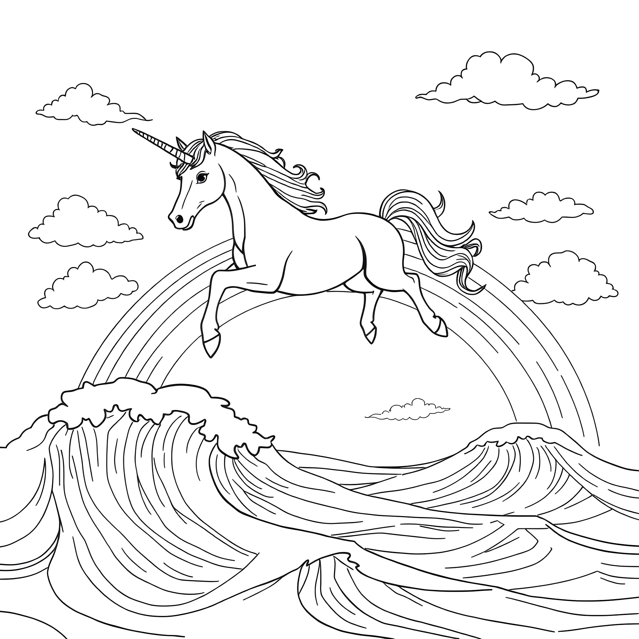 Unicorn galloping over magical waves with rainbow Coloring Page (free black-and-white line drawing printable PDF for all, from beginners to advanced learners, including children, teens, adults, and seniors)