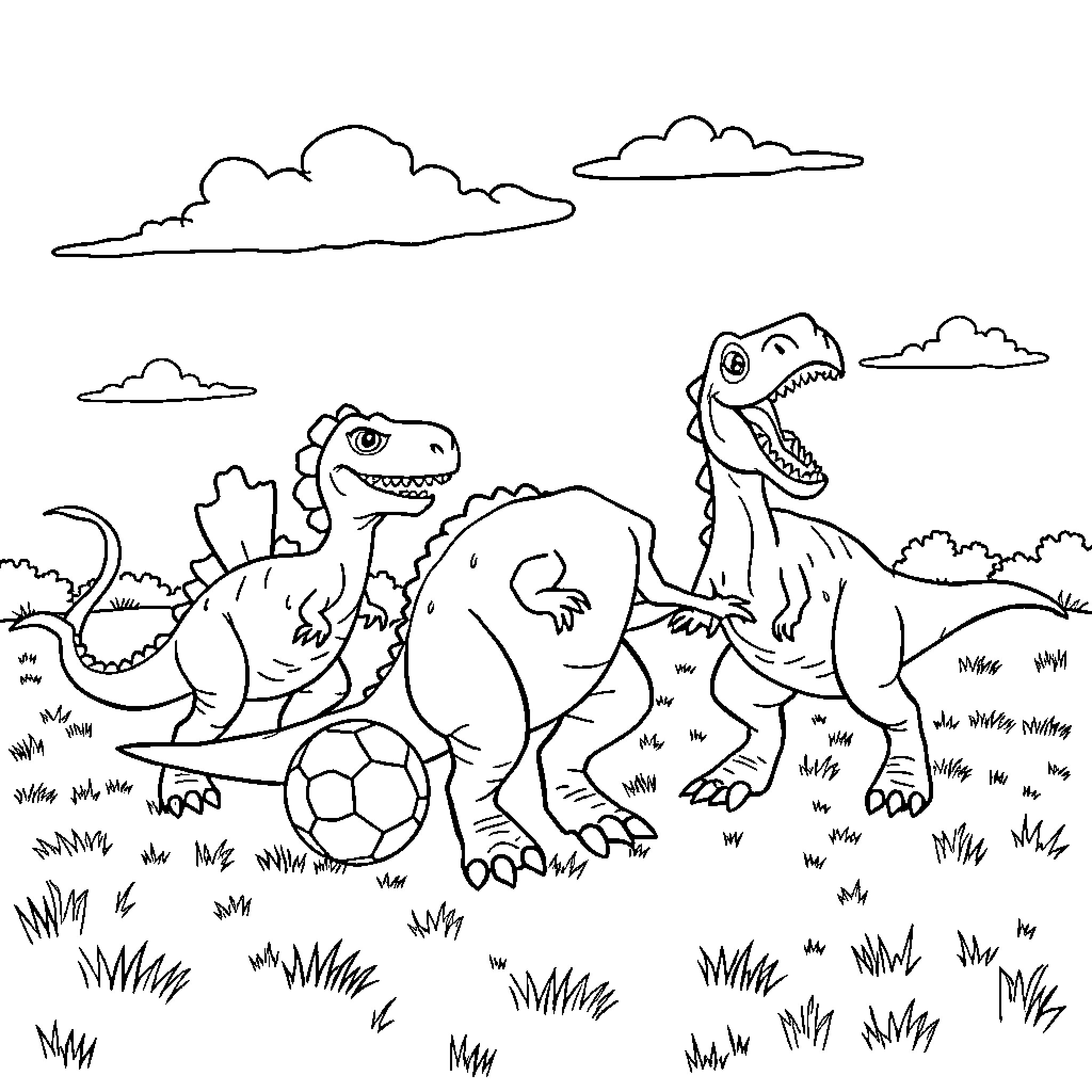 Dinosaurs playing with soccer ball in nature Coloring Page (free black-and-white line drawing printable PDF for all, from beginners to advanced learners, including children, teens, adults, and seniors)