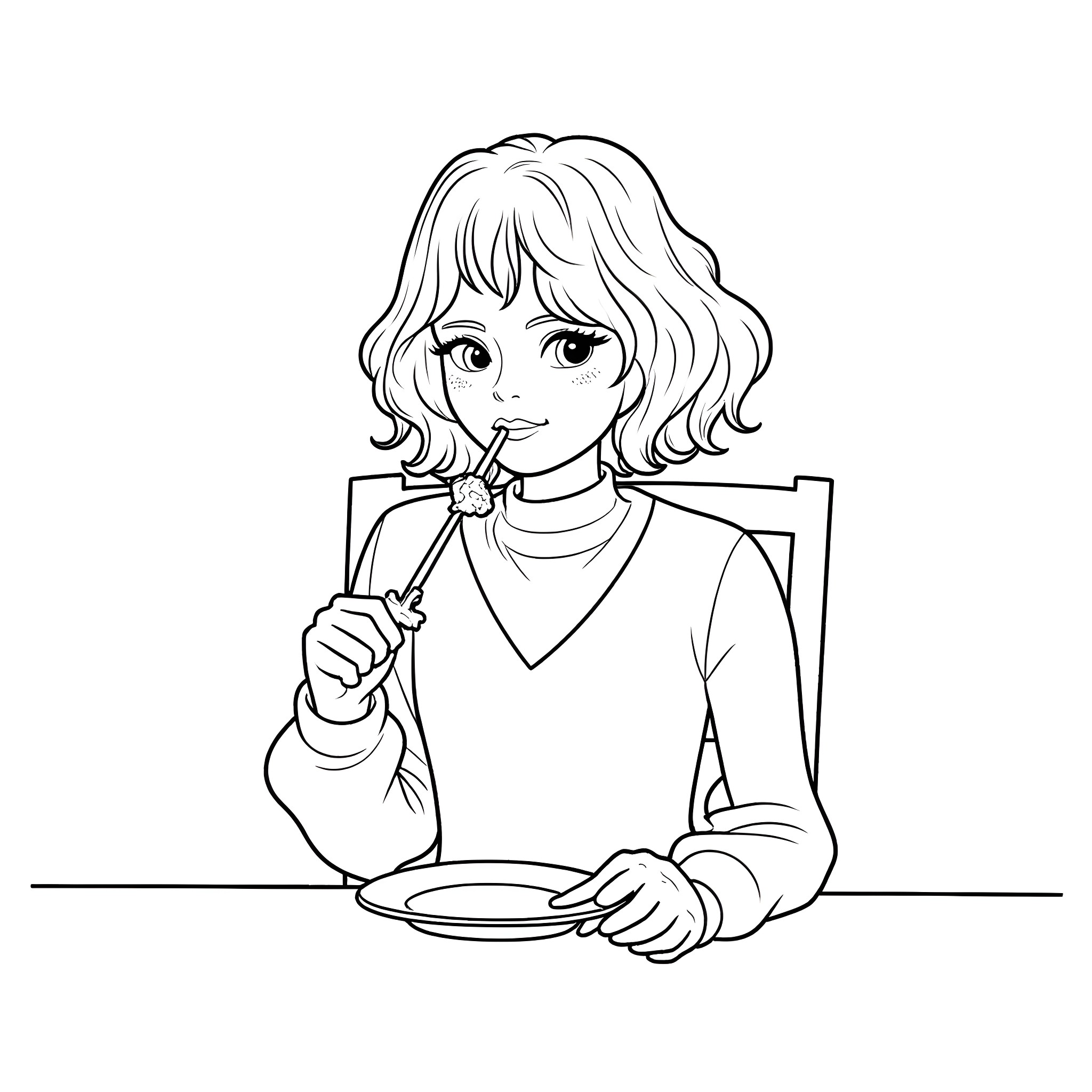 Hermione Granger enjoying a thoughtful meal Coloring Page (free black-and-white line drawing printable PDF for all, from beginners to advanced learners, including children, teens, adults, and seniors)