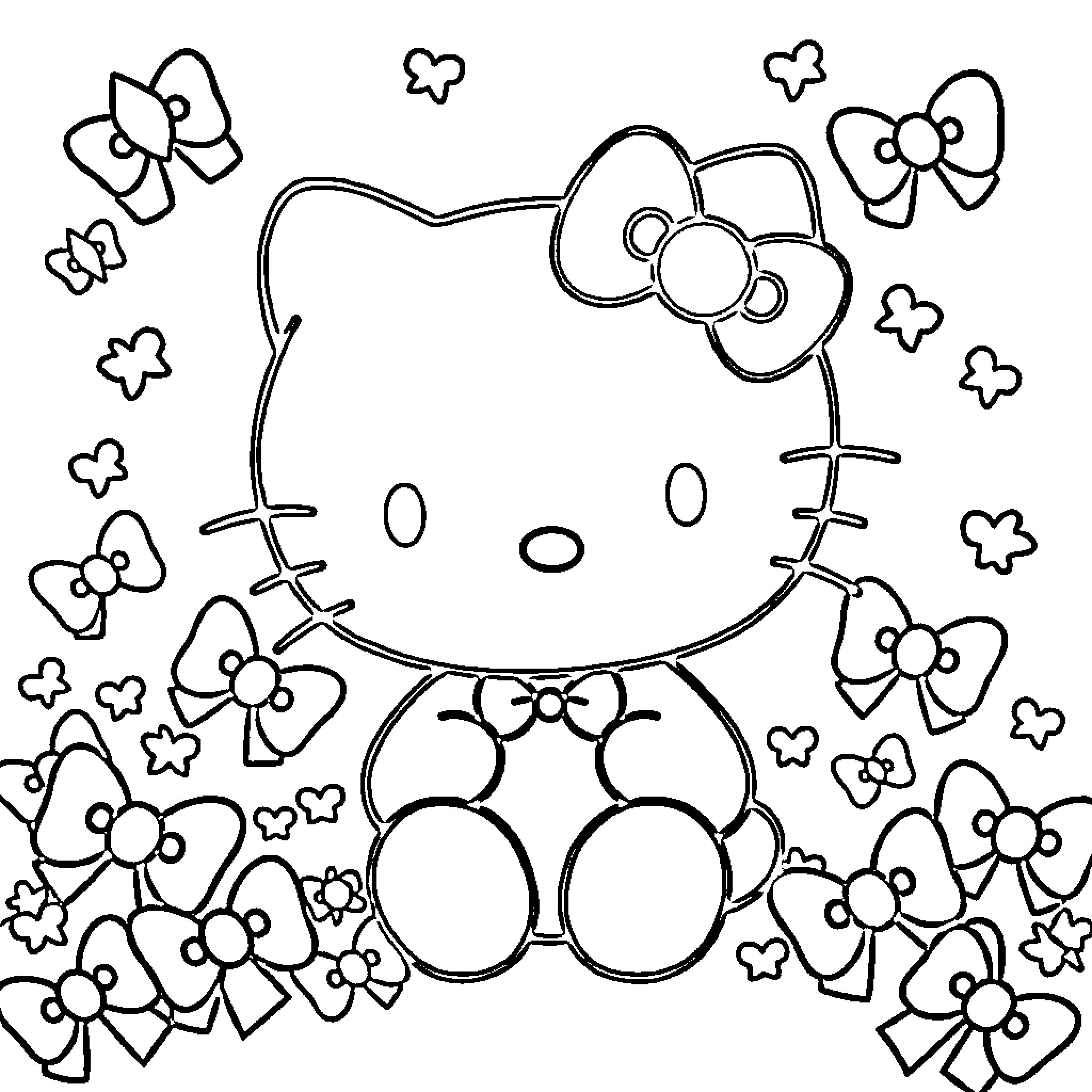 Hello Kitty surrounded by playful flowers Coloring Page (free black-and-white line drawing printable PDF for all, from beginners to advanced learners, including children, teens, adults, and seniors)