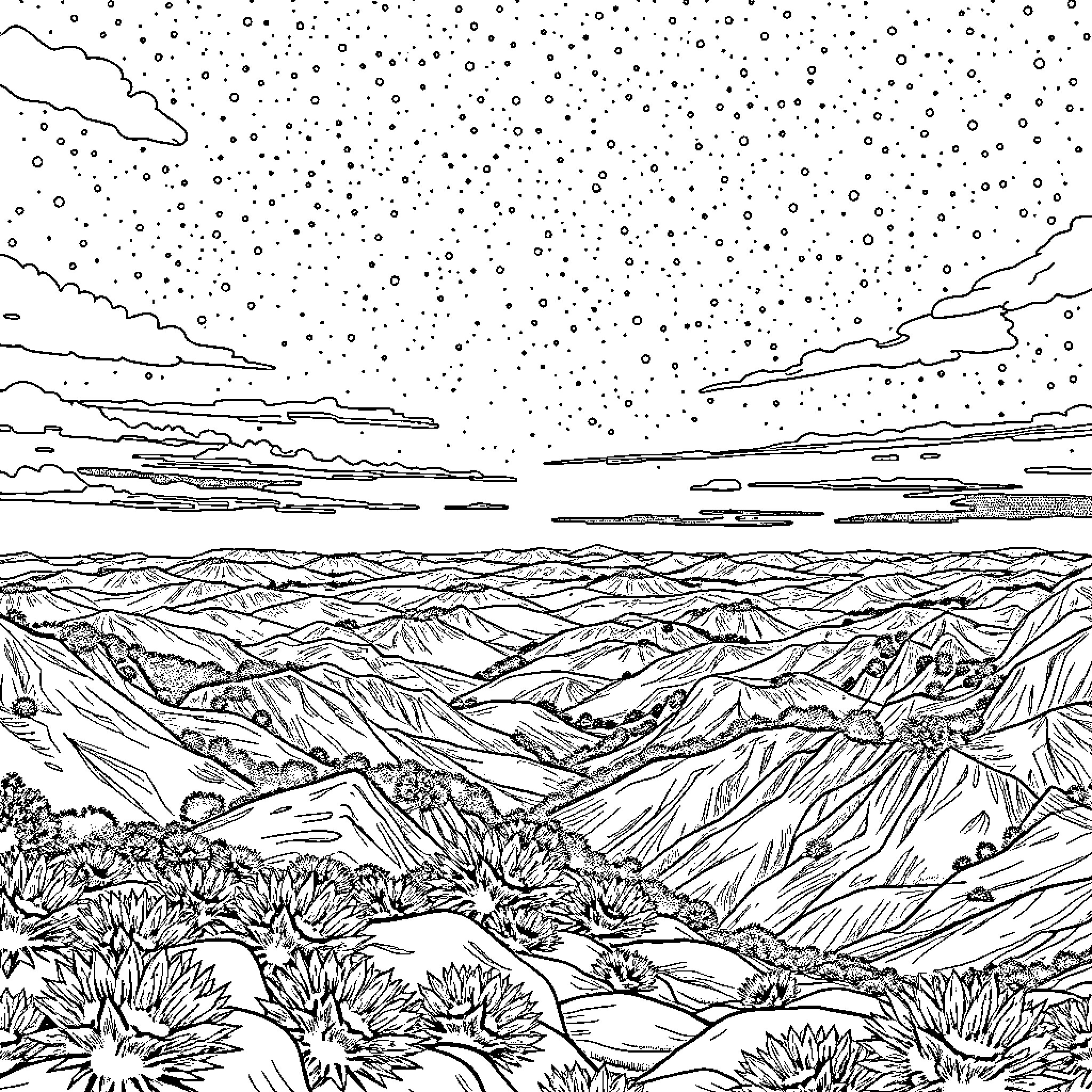 Infinity: Vast Mountainous Landscape under Starry Sky Coloring Page (free black-and-white line drawing printable PDF for all, from beginners to advanced learners, including children, teens, adults, and seniors)