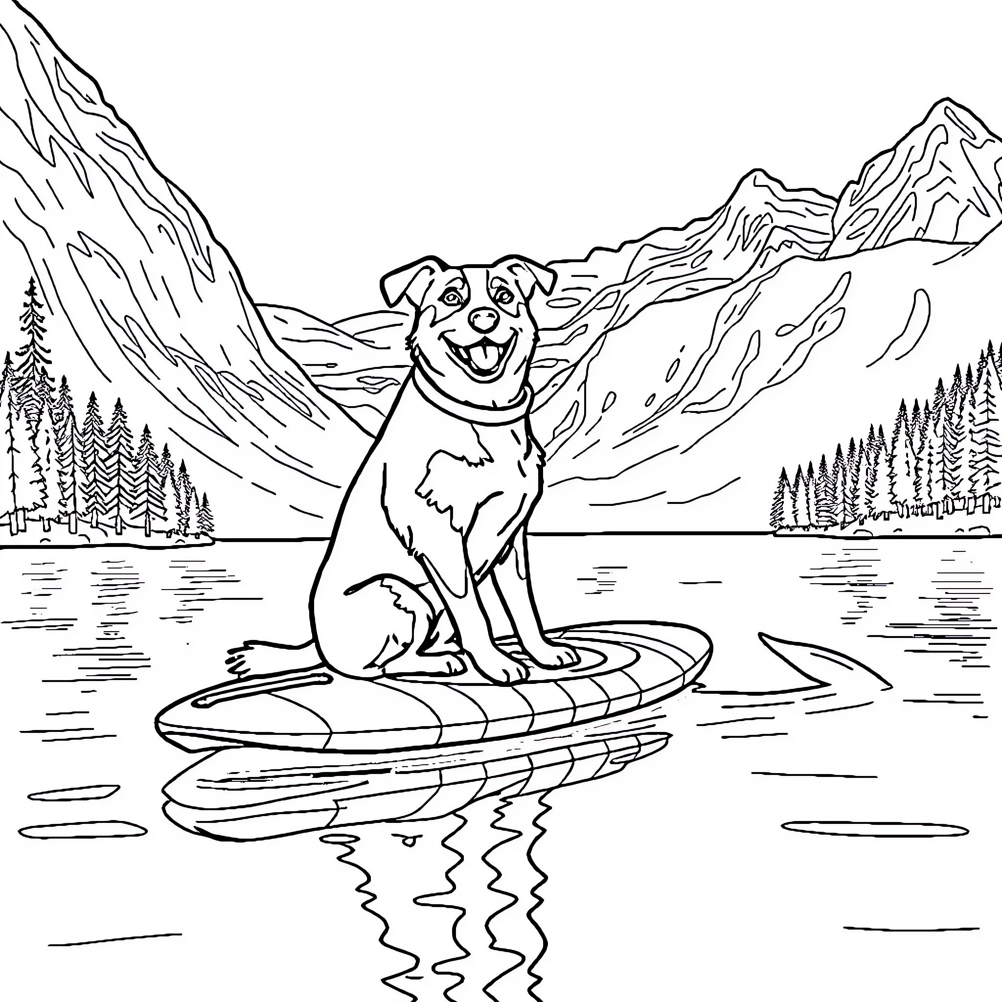 Dog surfing happily in a mountain lake Coloring Page (free black-and-white line drawing printable PDF for all, from beginners to advanced learners, including children, teens, adults, and seniors)