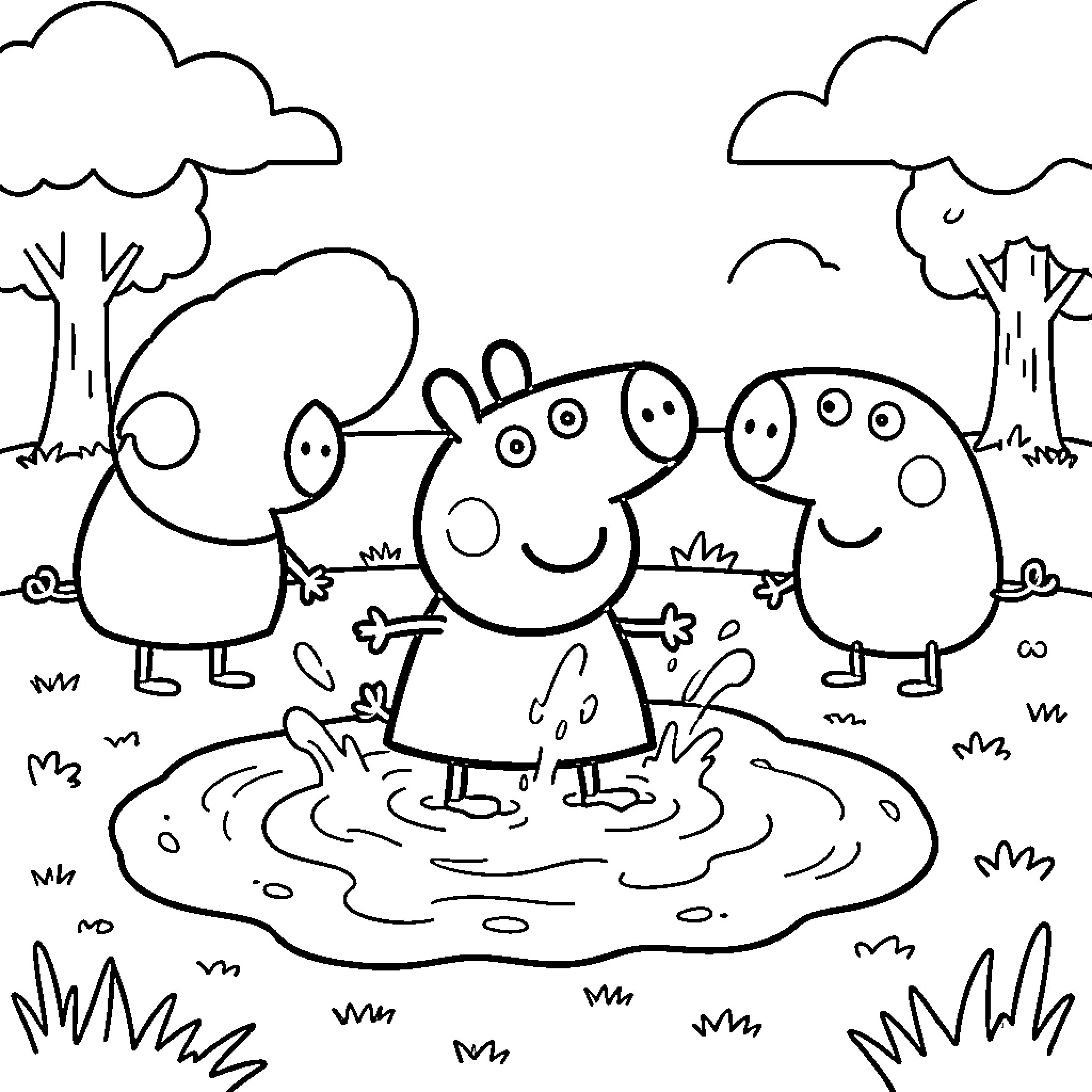 Peppa Pig jumping joyfully in a muddy puddle Coloring Page (free black-and-white line drawing printable PDF for all, from beginners to advanced learners, including children, teens, adults, and seniors)