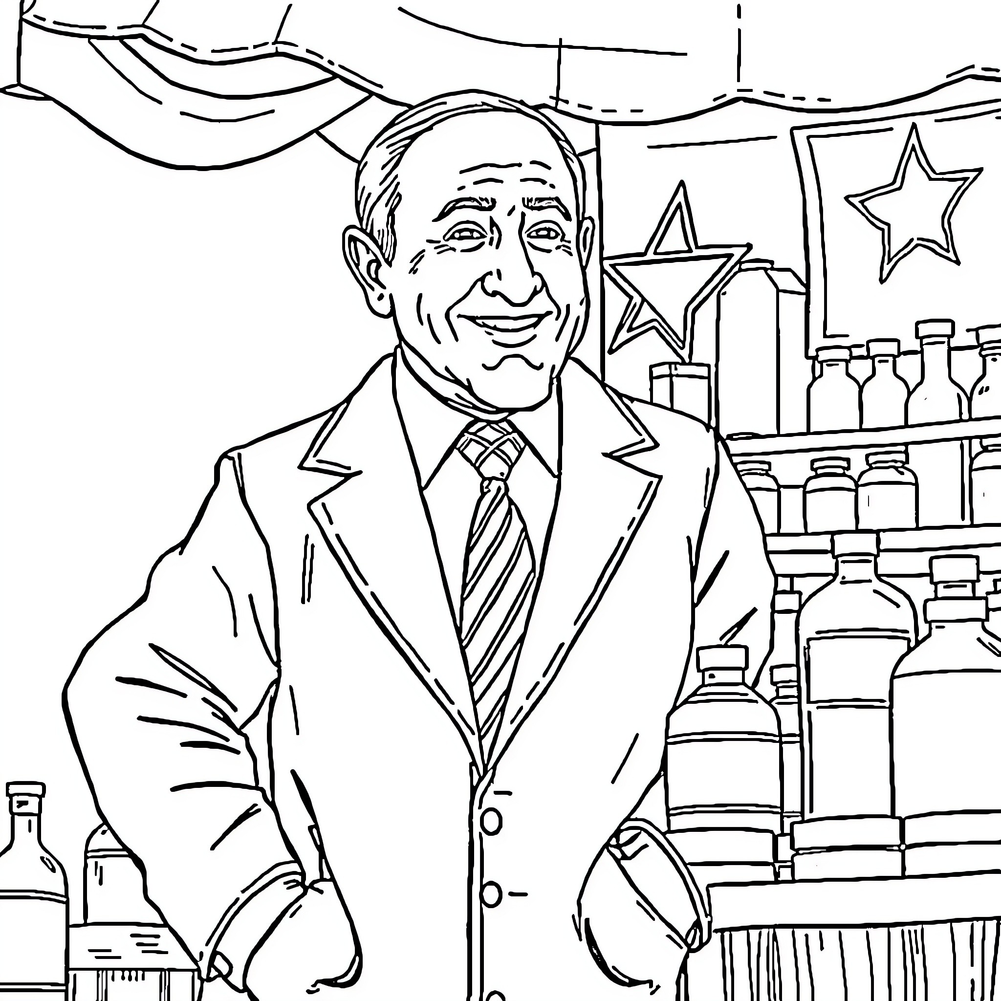 Bibi Netanyahu in a formal setting with background decor Coloring Page (free black-and-white line drawing printable PDF for all, from beginners to advanced learners, including children, teens, adults, and seniors)