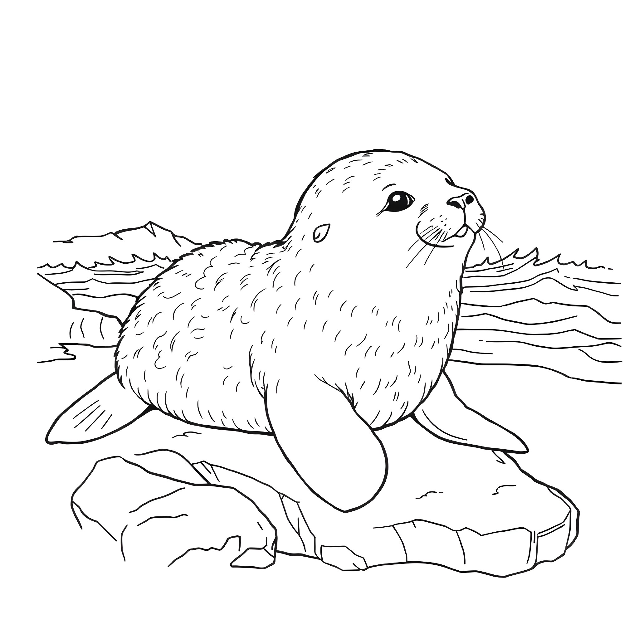 Seal Resting on the Rocky Shoreline Coloring Page (free black-and-white line drawing printable PDF for all, from beginners to advanced learners, including children, teens, adults, and seniors)