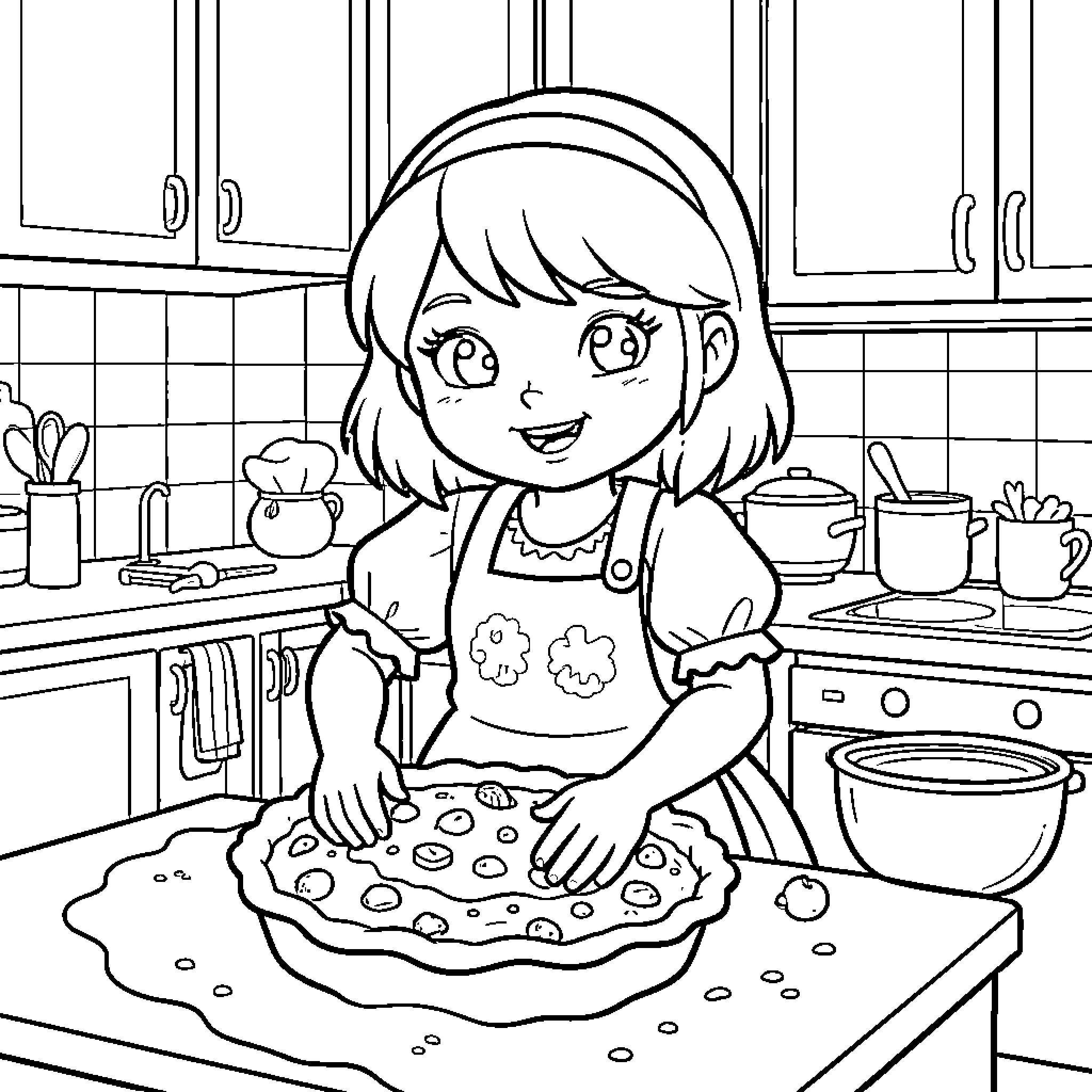 Masha happily baking a pie in the kitchen Coloring Page (free black-and-white line drawing printable PDF for all, from beginners to advanced learners, including children, teens, adults, and seniors)