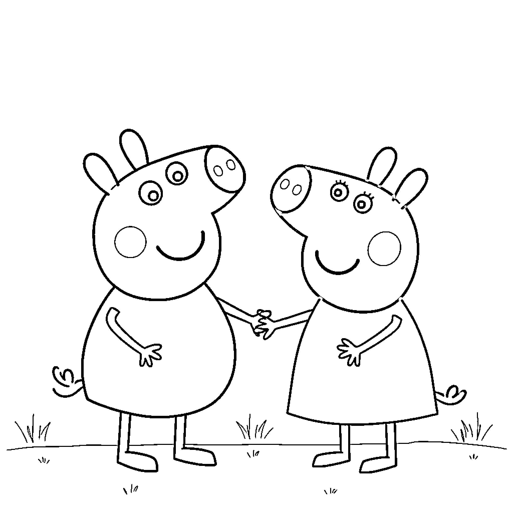 Bluey and Peppa holding hands happily Coloring Page (free black-and-white line drawing printable PDF for all, from beginners to advanced learners, including children, teens, adults, and seniors)