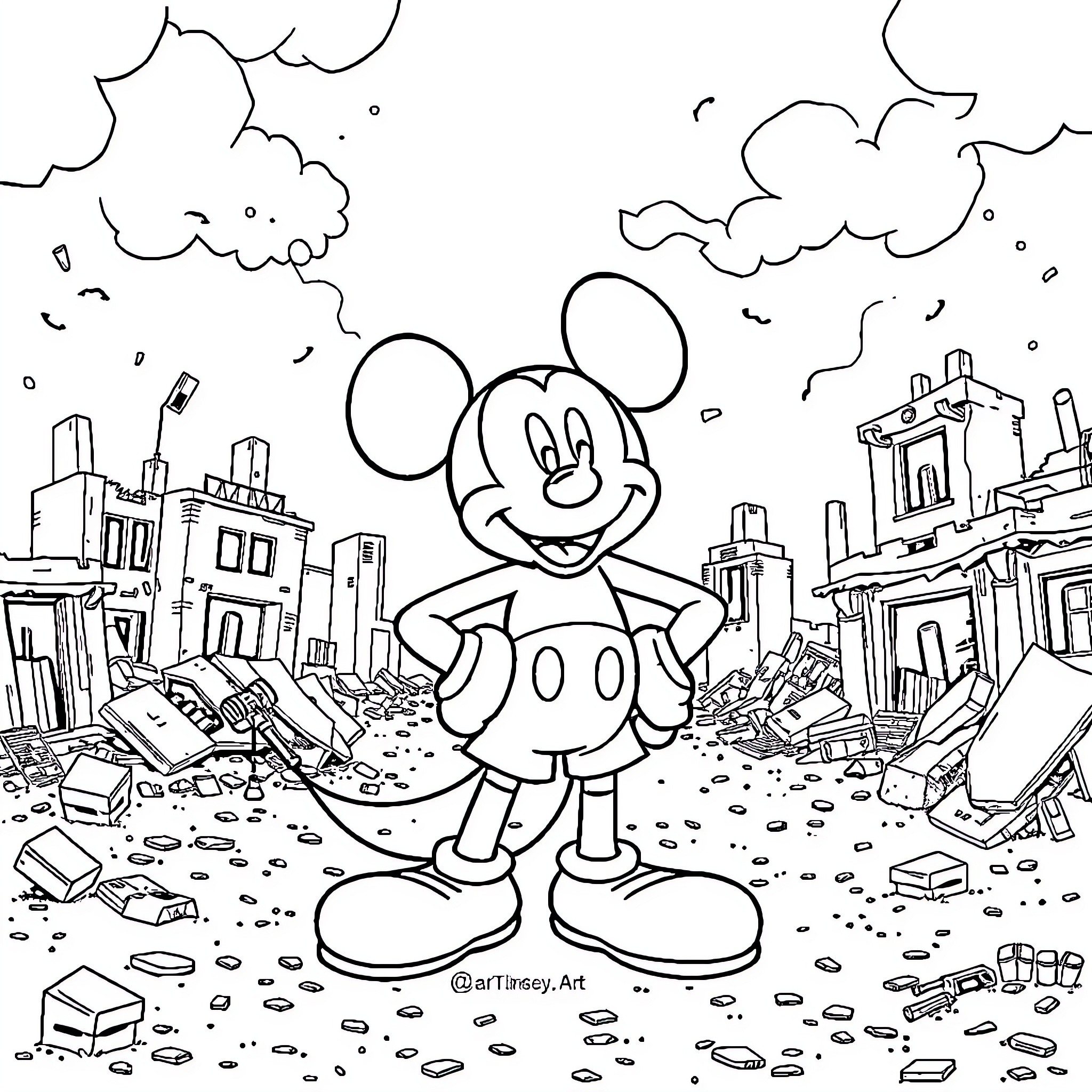 Mickey Mouse exploring the ruins of a destroyed city Coloring Page (free black-and-white line drawing printable PDF for all, from beginners to advanced learners, including children, teens, adults, and seniors)
